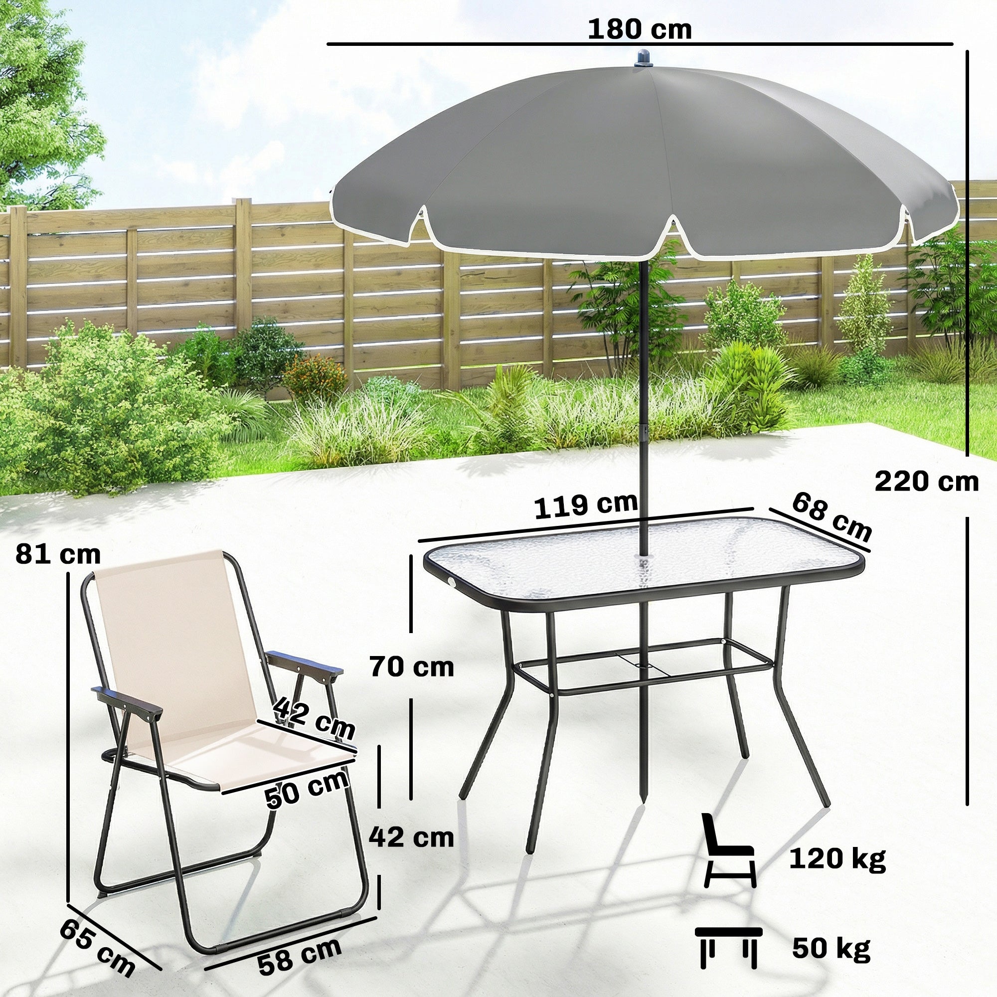 8 Piece Garden Dining Set with Umbrella Garden Furniture Set with 6 Folding Chairs, Tempered Glass Table for Patio Cream