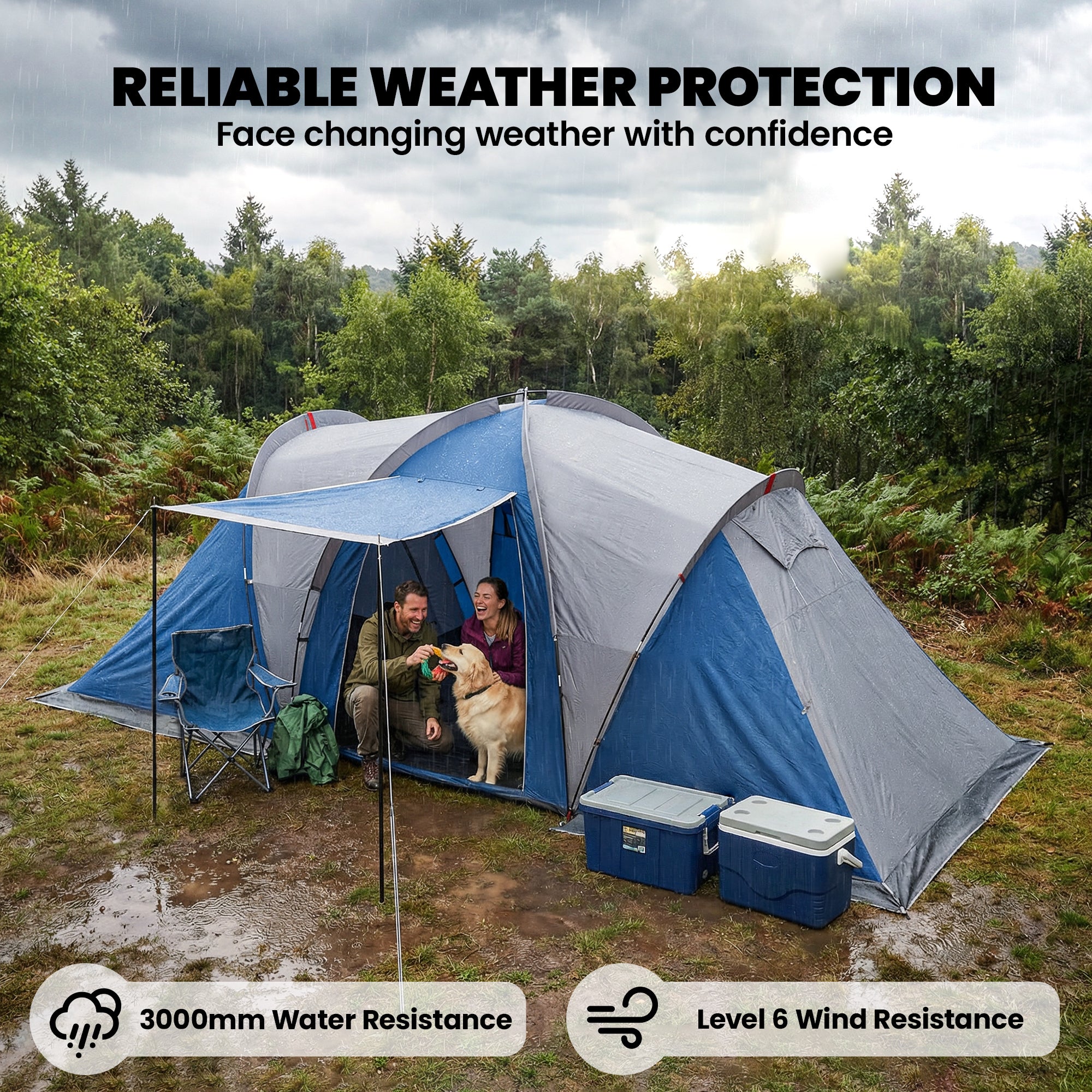 Family Camping Tent 3000mm Waterproof Windproof Tunnel Tent 8-12 Person, Navy Blue & Light Grey