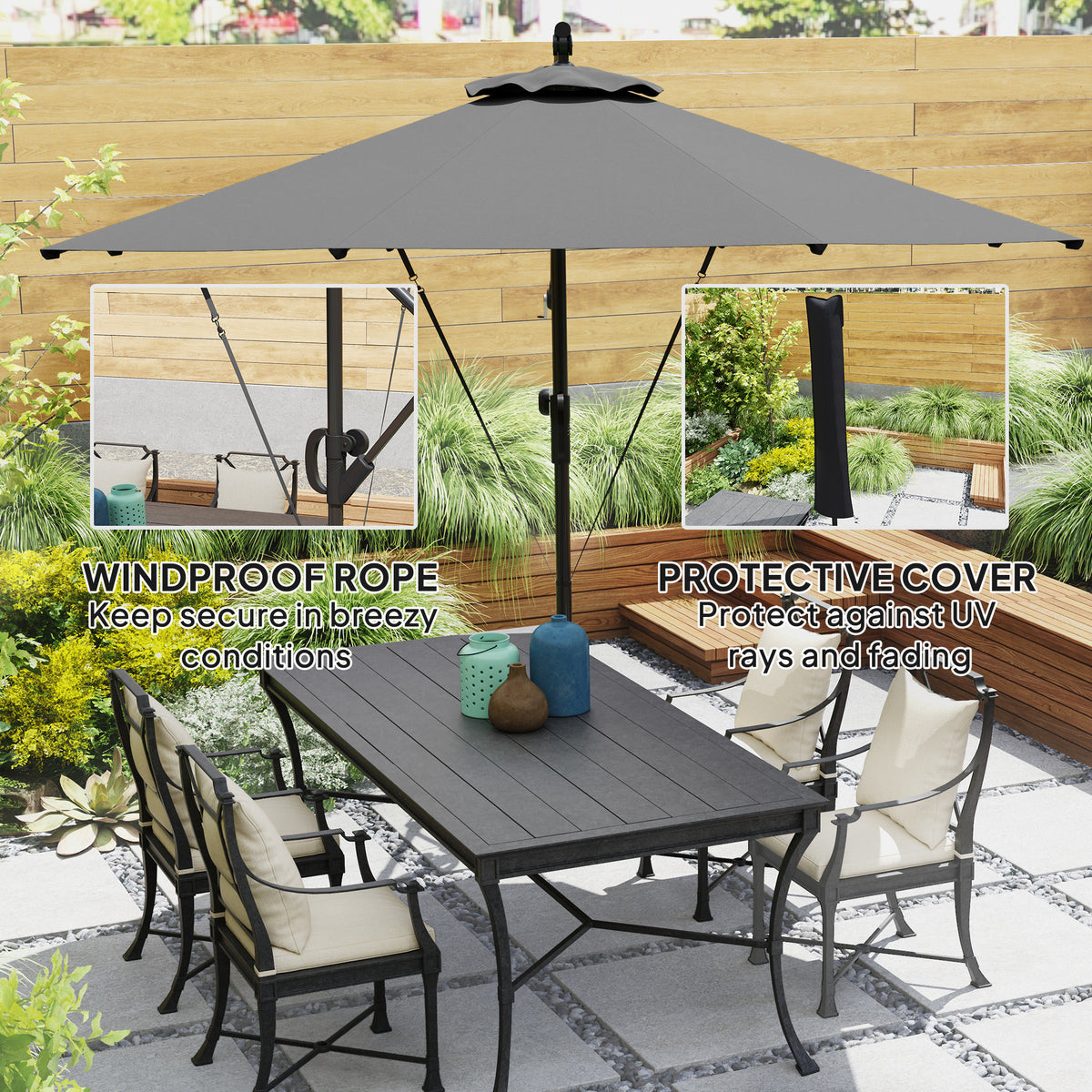 3m Garden Cantilever Parasol with Crank, Tilt, Cover & Wind Strap - Grey