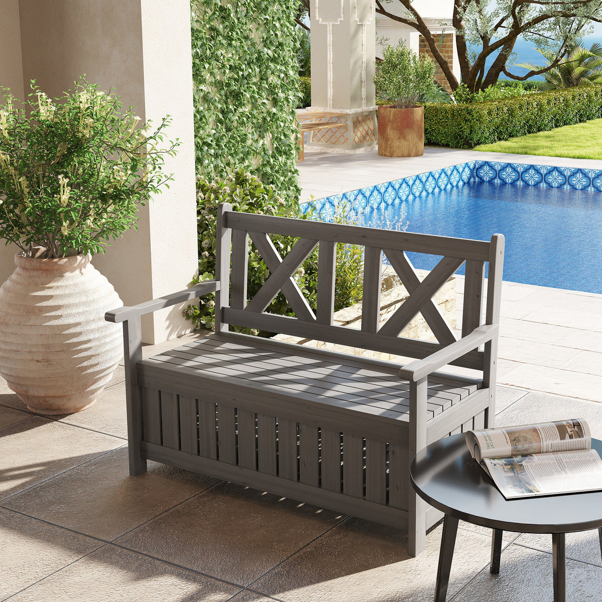 2-Seater Outdoor Garden Storage Bench with Seating for Patio and Porch - Charcoal Grey