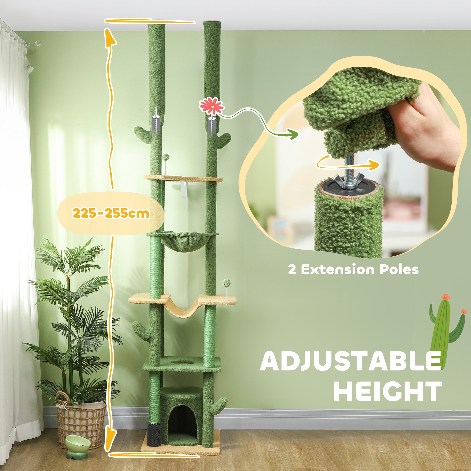 225-255cm Height Adjustable Floor to Ceiling Cat Tree, Tall Cat Tower for Indoor Cats w/ Scratching Posts - Green