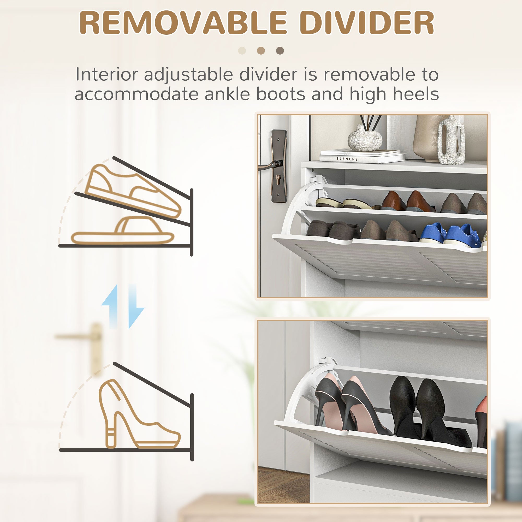 2-Drawer Narrow Entryway Shoe Cabinet with Flip Drawers, Louvered Doors & Adjustable Shelves for 16 Pairs - White