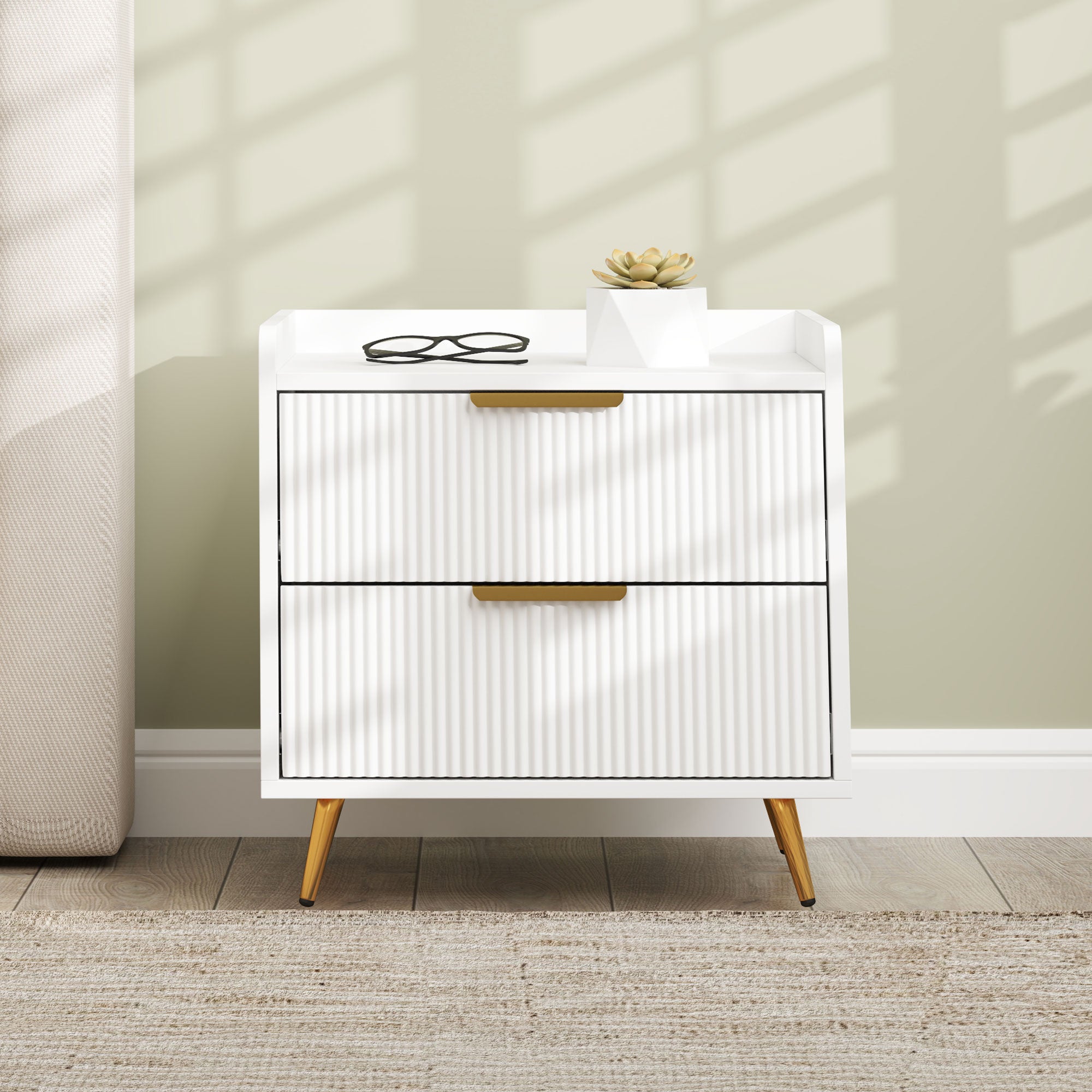 Elegant Two-Drawer Bedside Table with Gold Handles - White