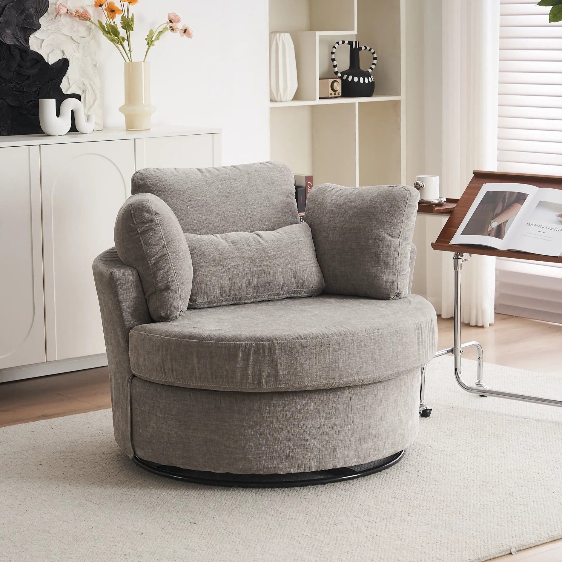 Chenille Swivel Armchair with 3 Back Cushions and Crescent Ottoman Stool, 360° Swivel Recliner Sofa, 107L x 105W x 82H cm, Grey