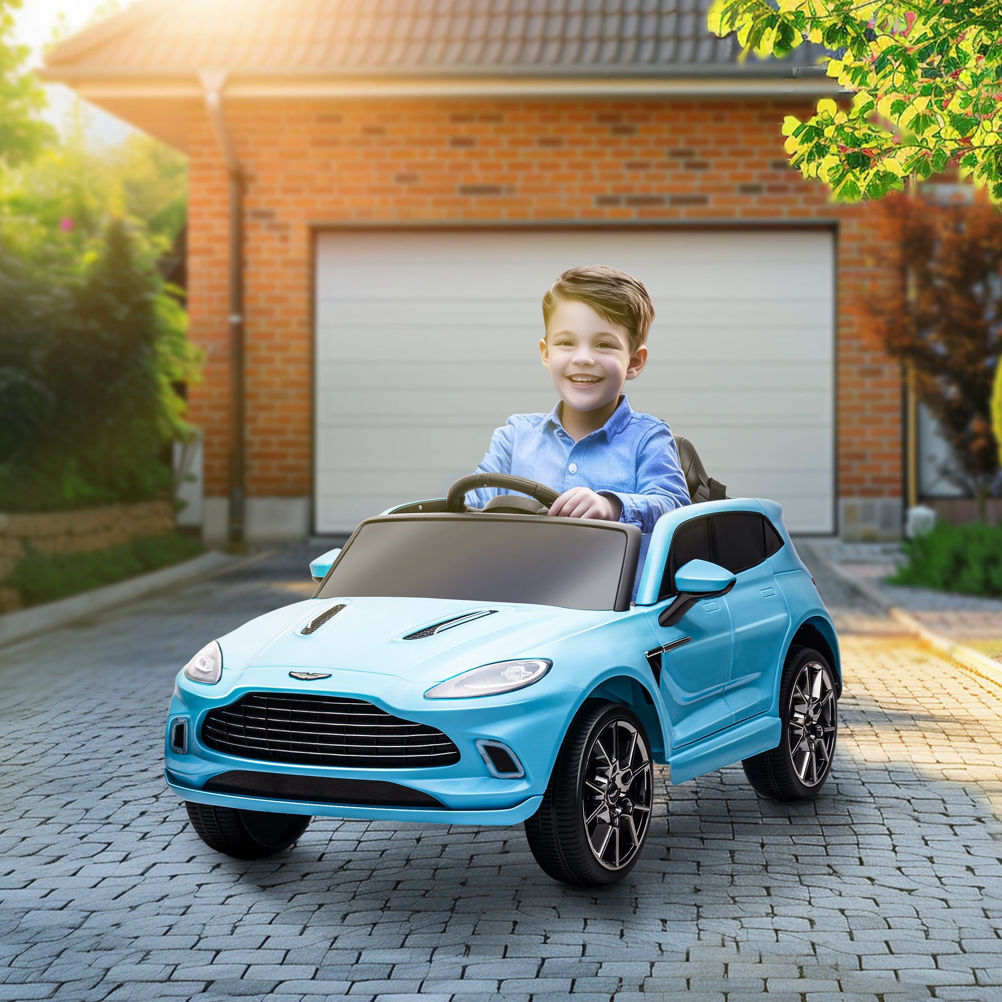 Aston Martin DBX Licensed Battery Powered Kids Electric Car, 12V Kids Ride on Car w/ Lights, Music Horn, Blue