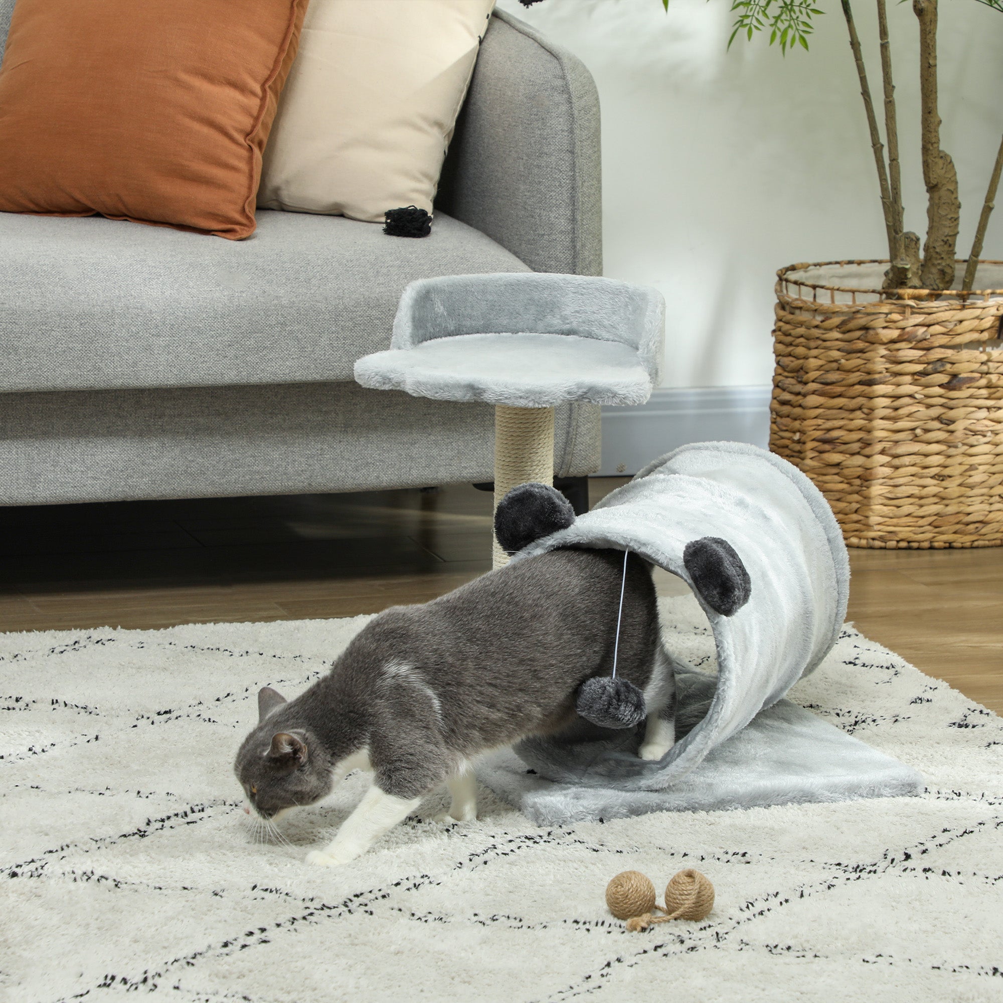 47cm Small Cat Tree w/ Scratching Post, Bed, Cat Tunnel, Toy Ball, Grey