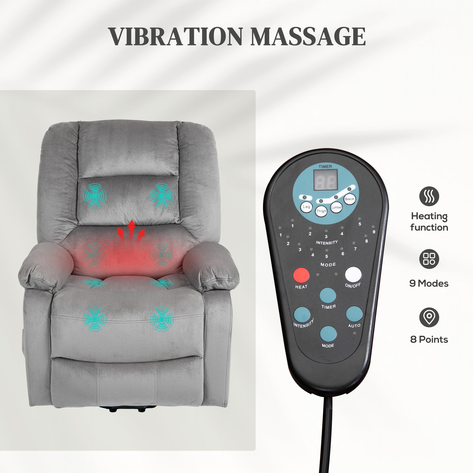 Velvet-Feel Electric Lift-and-Recline Massage Armchair, with Remote - Grey