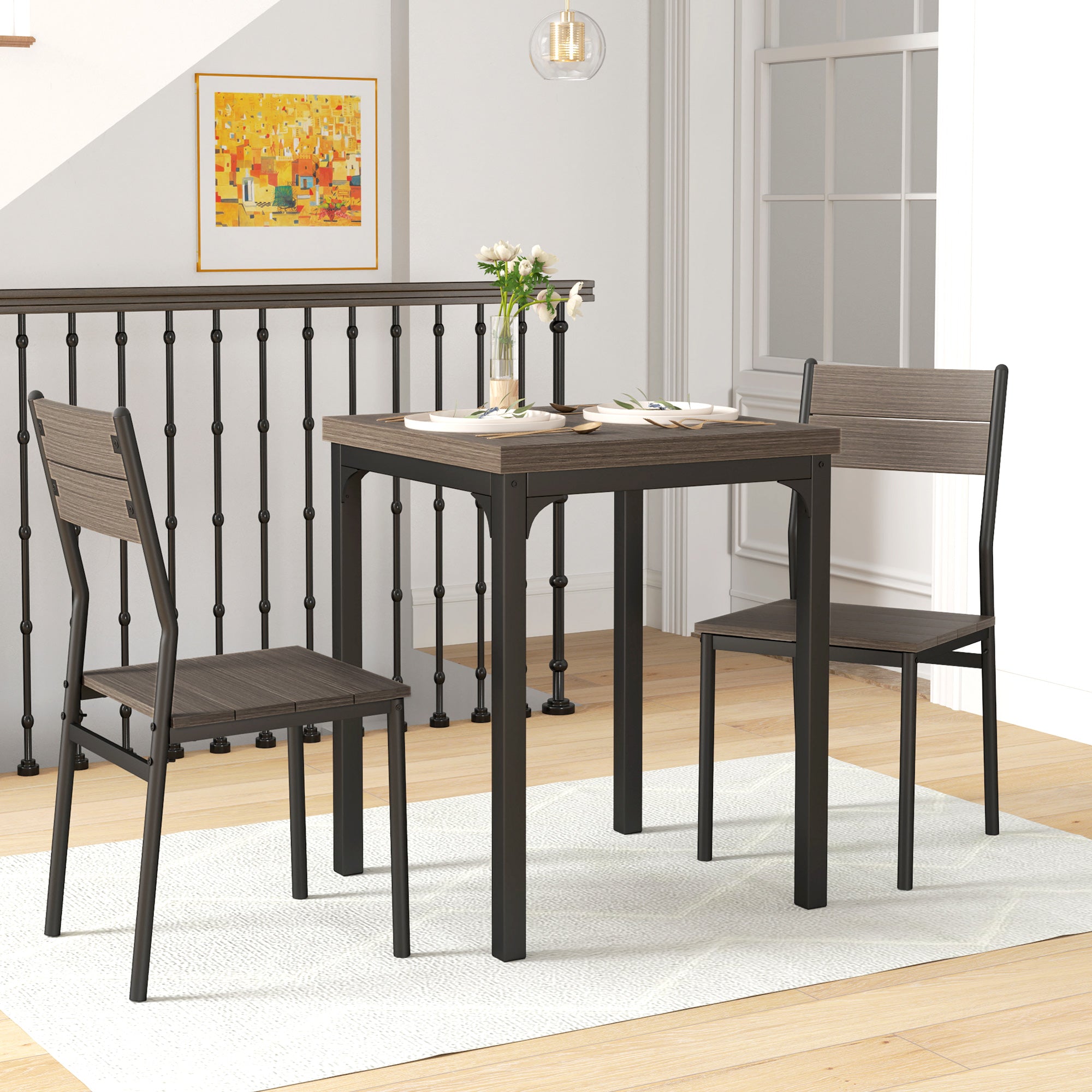 Three-Piece Minimal and Compact Dining Set, Grey Wood Grain