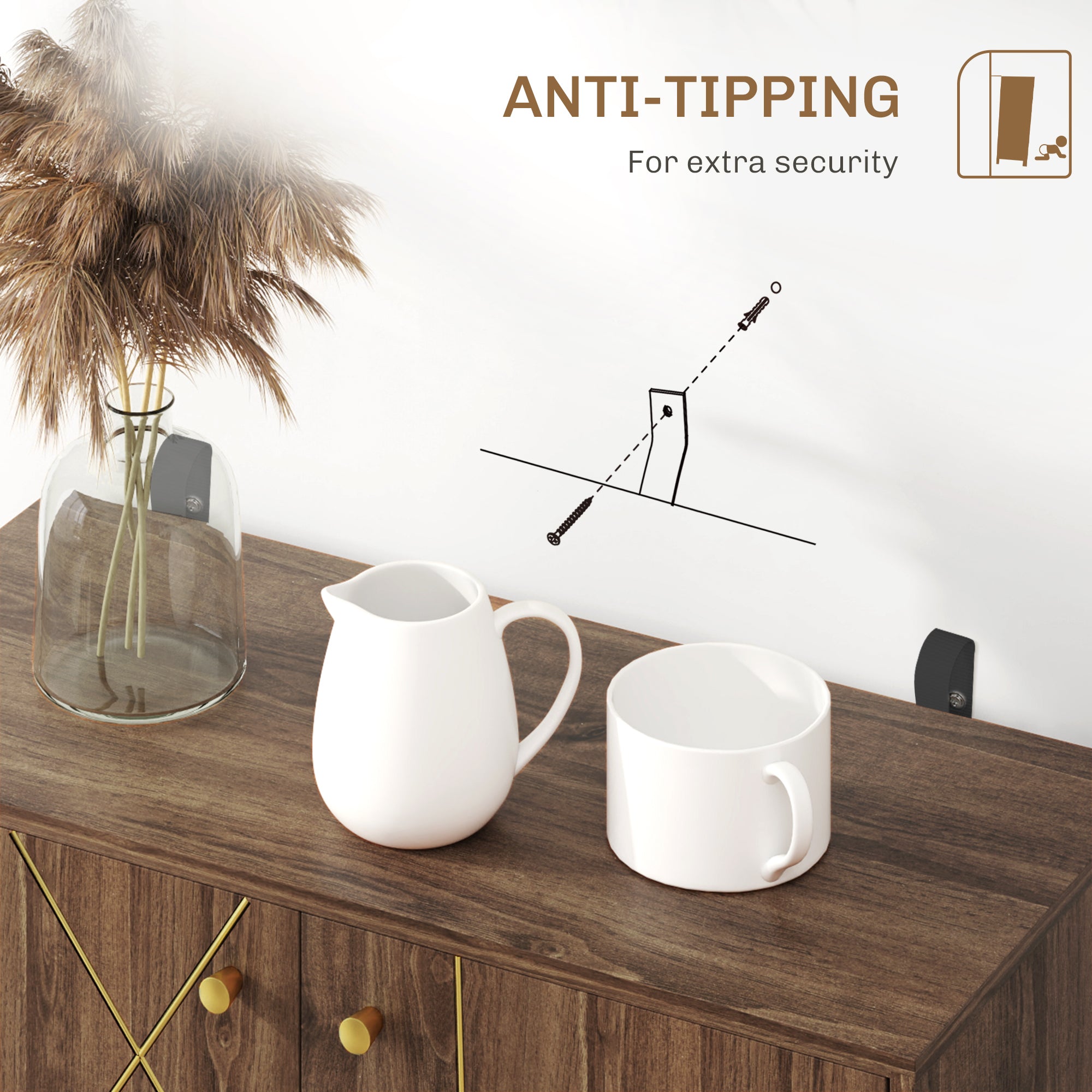 Sideboard Storage Cabinet with Golden Lines, Modern Luxury Living Room Cabinet with Adjustable Shelf, Steel Harpin Legs, Brown