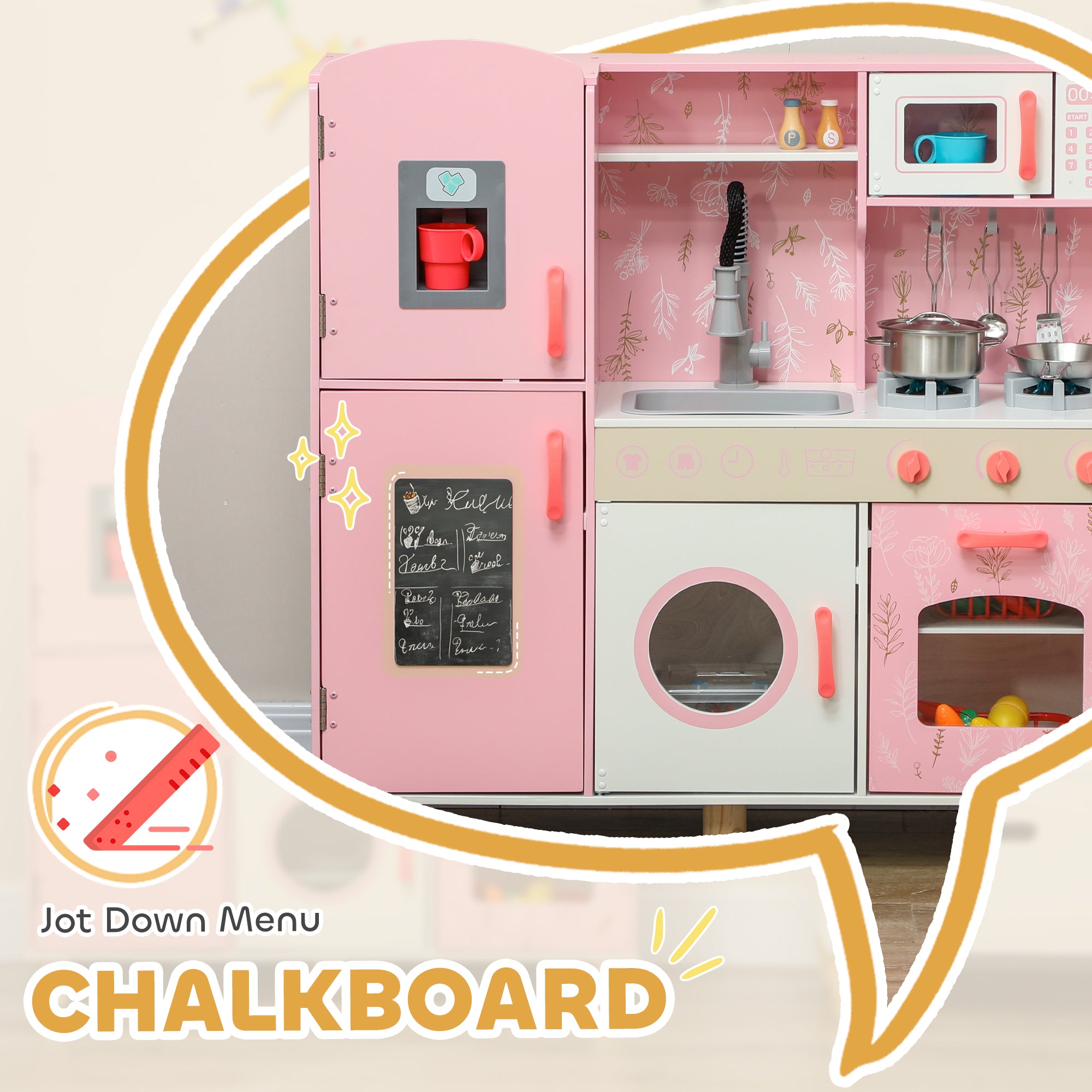 Play Kitchen, Kids Kitchen Set with Lights and Sounds, Double Stoves, Ice Maker, Chalkboard for 3+ Years - Pink