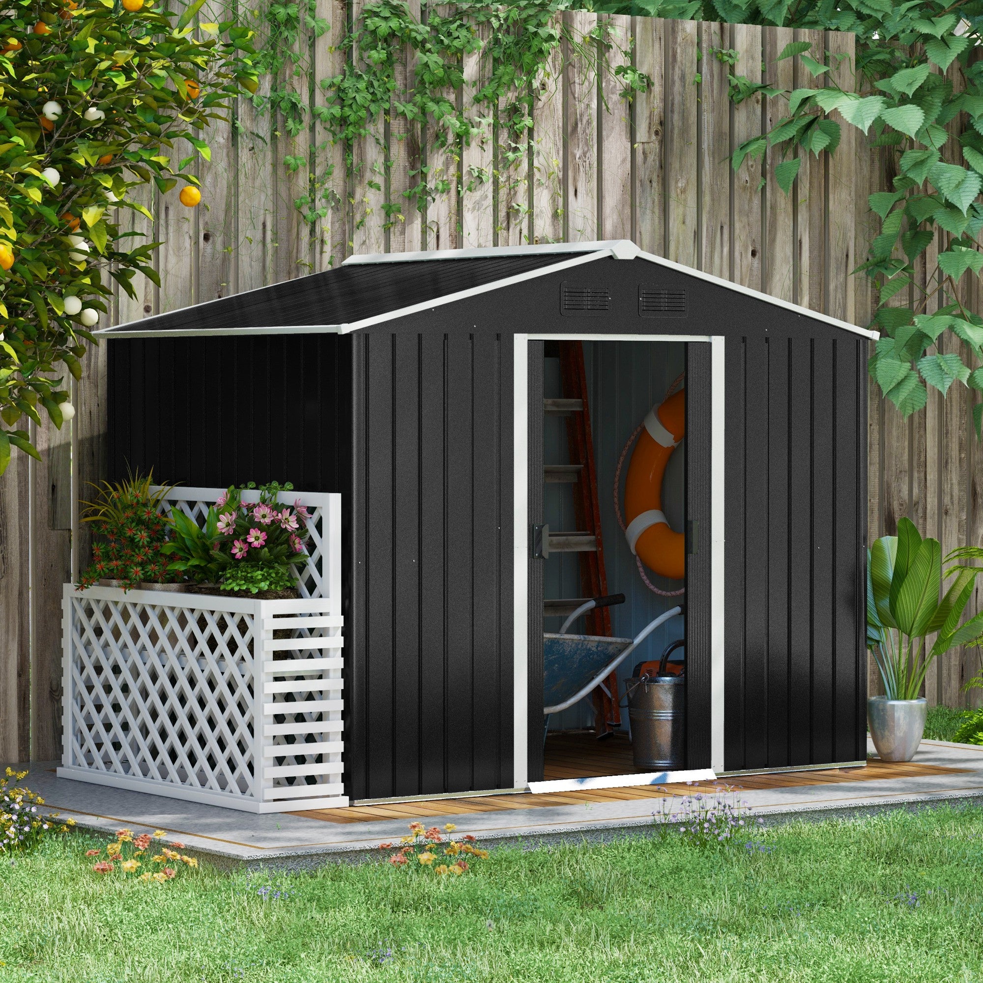 7.7 x 5.7ft Metal Garden Shed, Galvanised Outdoor Tool Storage House with Ventilation Slots and Sliding Doors, Grey