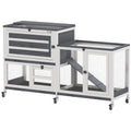 Wooden 2-Tier Rabbit and Guinea Pig Hutch with Run, Wheels, 3 Trays, 2 Doors - Grey