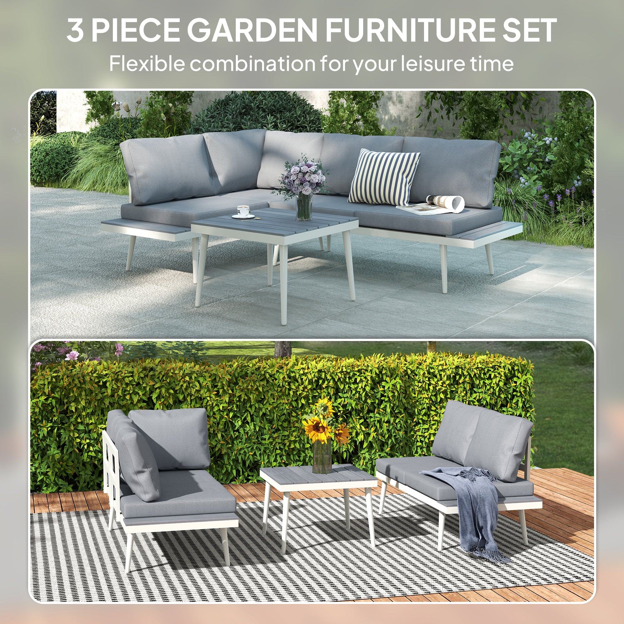 3 Piece Garden Furniture Set with 5-Level Adjustable Lounger, L Shaped Garden Corner Sofa with Cushions, Mesh Seat, Slatted Wood-Grain Table, Outdoor Furniture Set for Conservatory, Grey