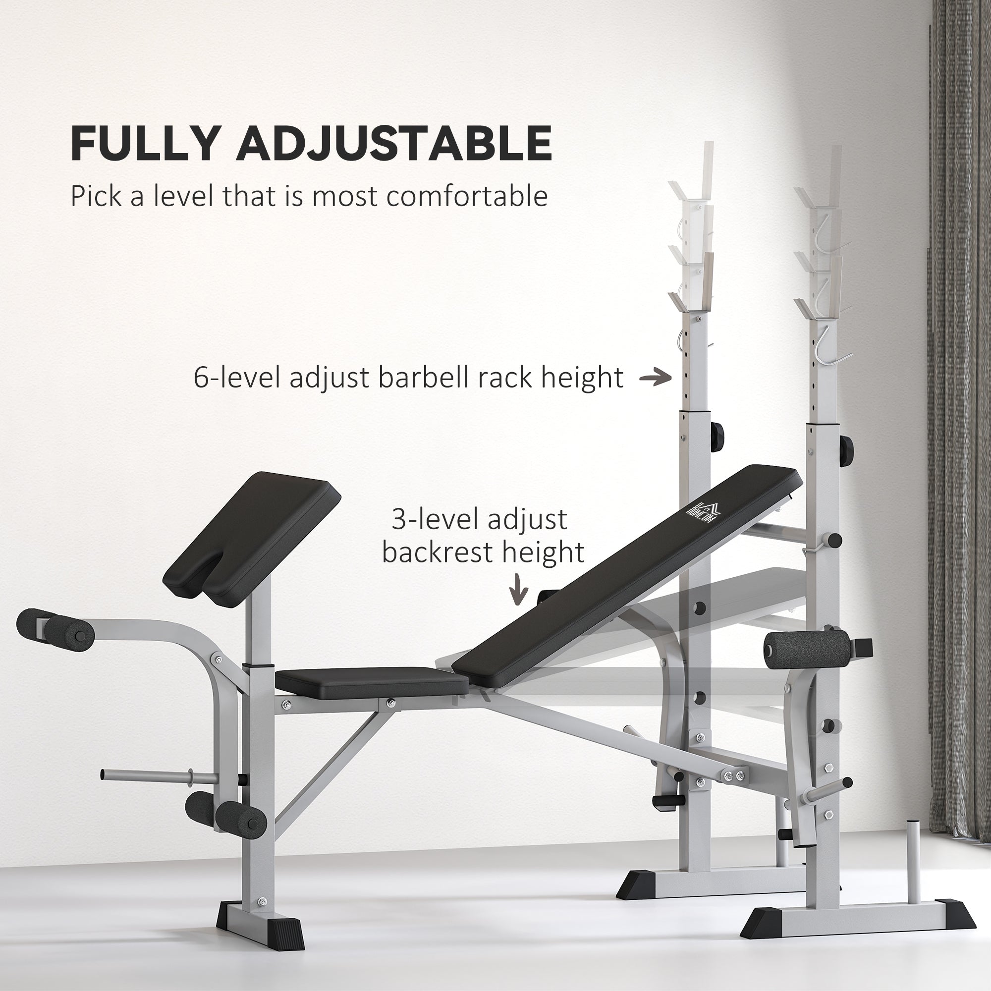 Adjustable Weight Bench with Squat Rack, Heavy Duty Bench Press Rack with Preacher Curl Pad, Leg Developer, Barbell Rack, Butterfly, Home Gym Strength Training Multiuse Workout Bench, Grey