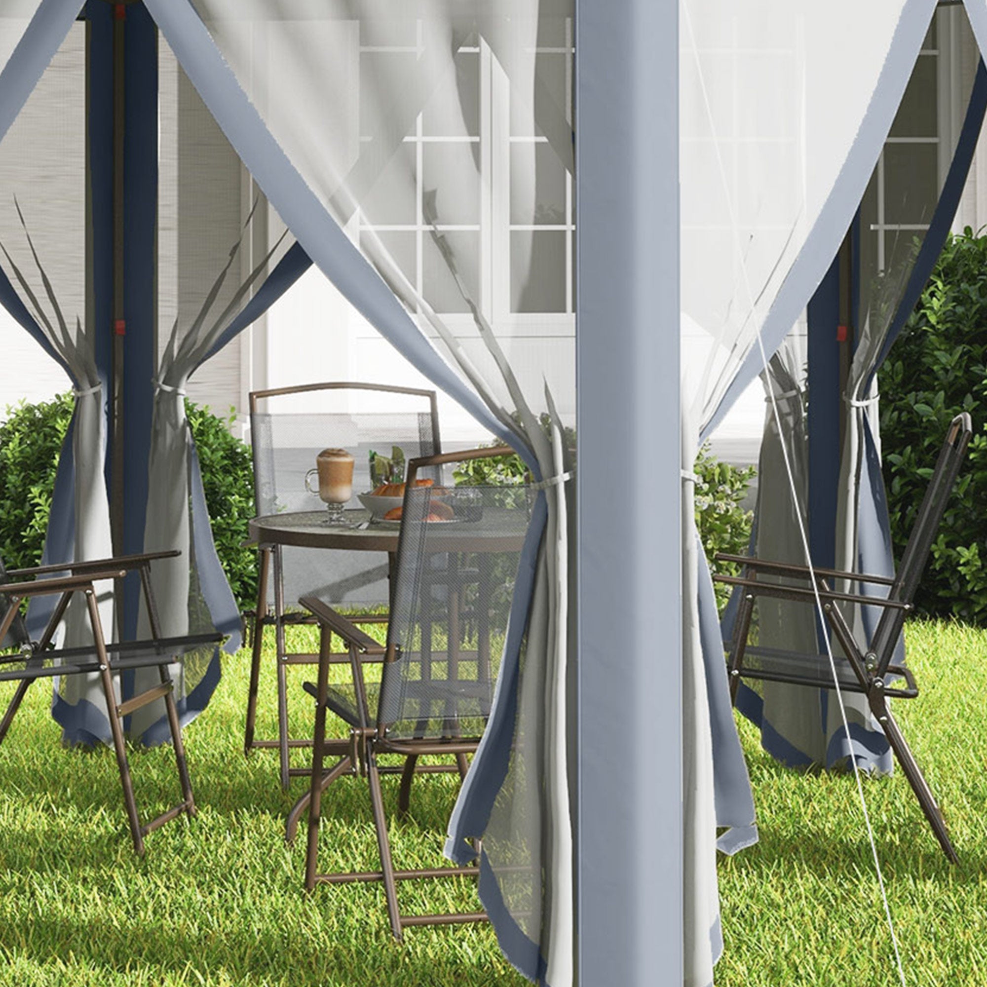 3 x 4m Metal Frame Hexagon Gazebo, with Curtains - Grey