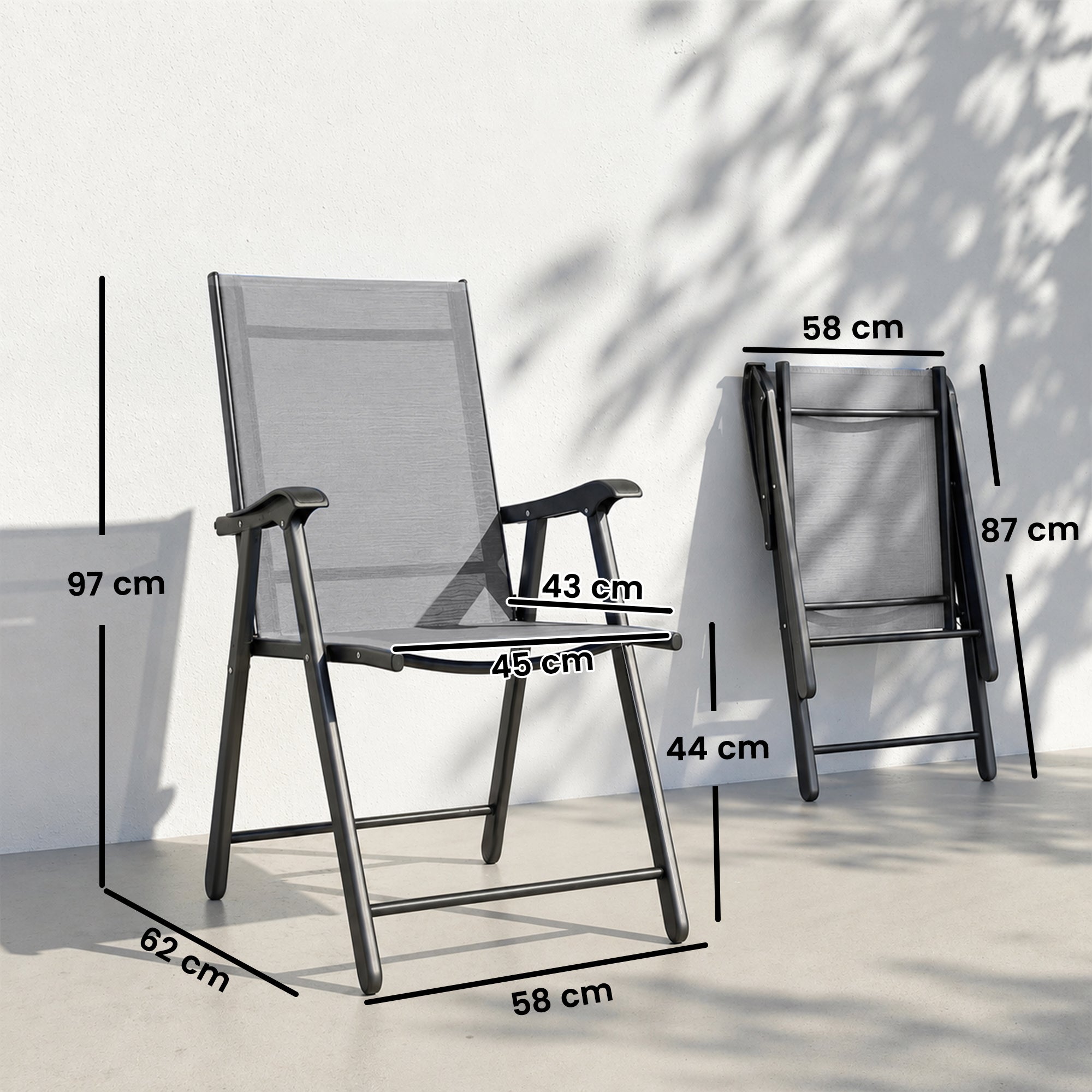 Folding Garden Chairs Set of 4, Foldable Garden Dining Chairs with High Back, Armrests, Texteline Seat, Light Grey