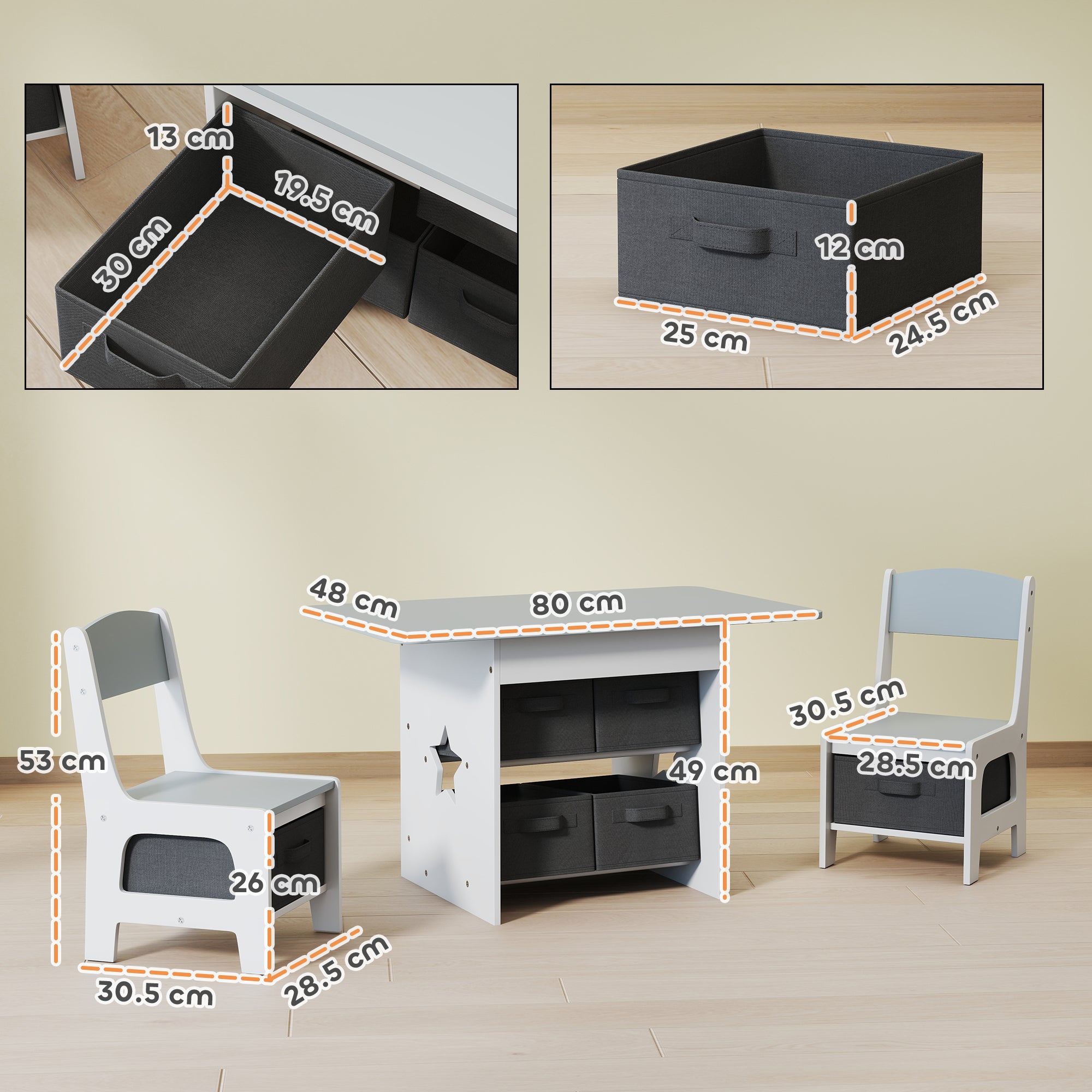 Kids Table and Chair Set, Toddler Table and 2 Chairs Set with 6 Removable Drawers, for Boys Girls Ages 3-8, Light Grey