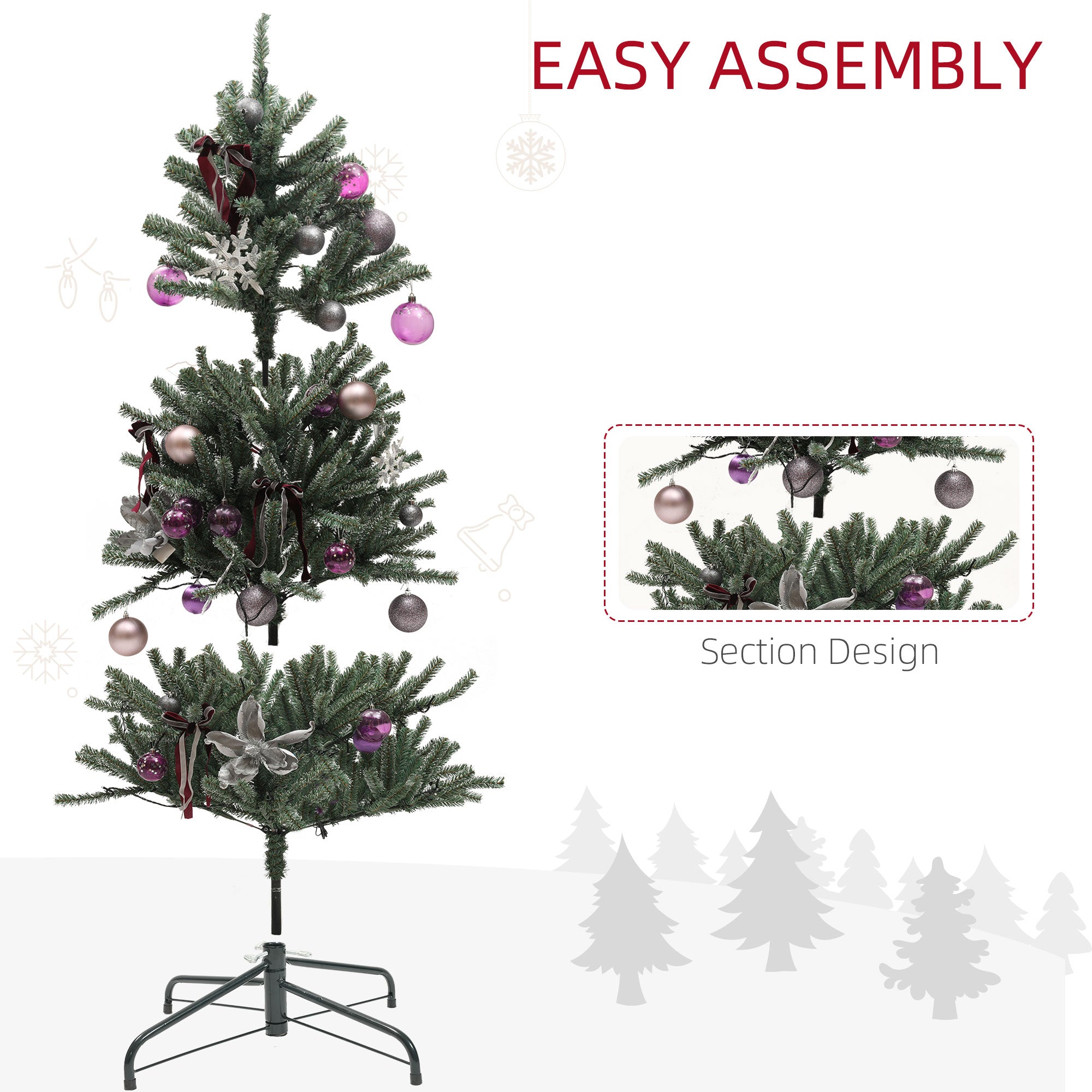 5ft Artificial Prelit Christmas Tree with Warm White LED Lights and 486 Tips, Metal Stand, Xmas Tree with Purple Ornaments for Home Office Holiday