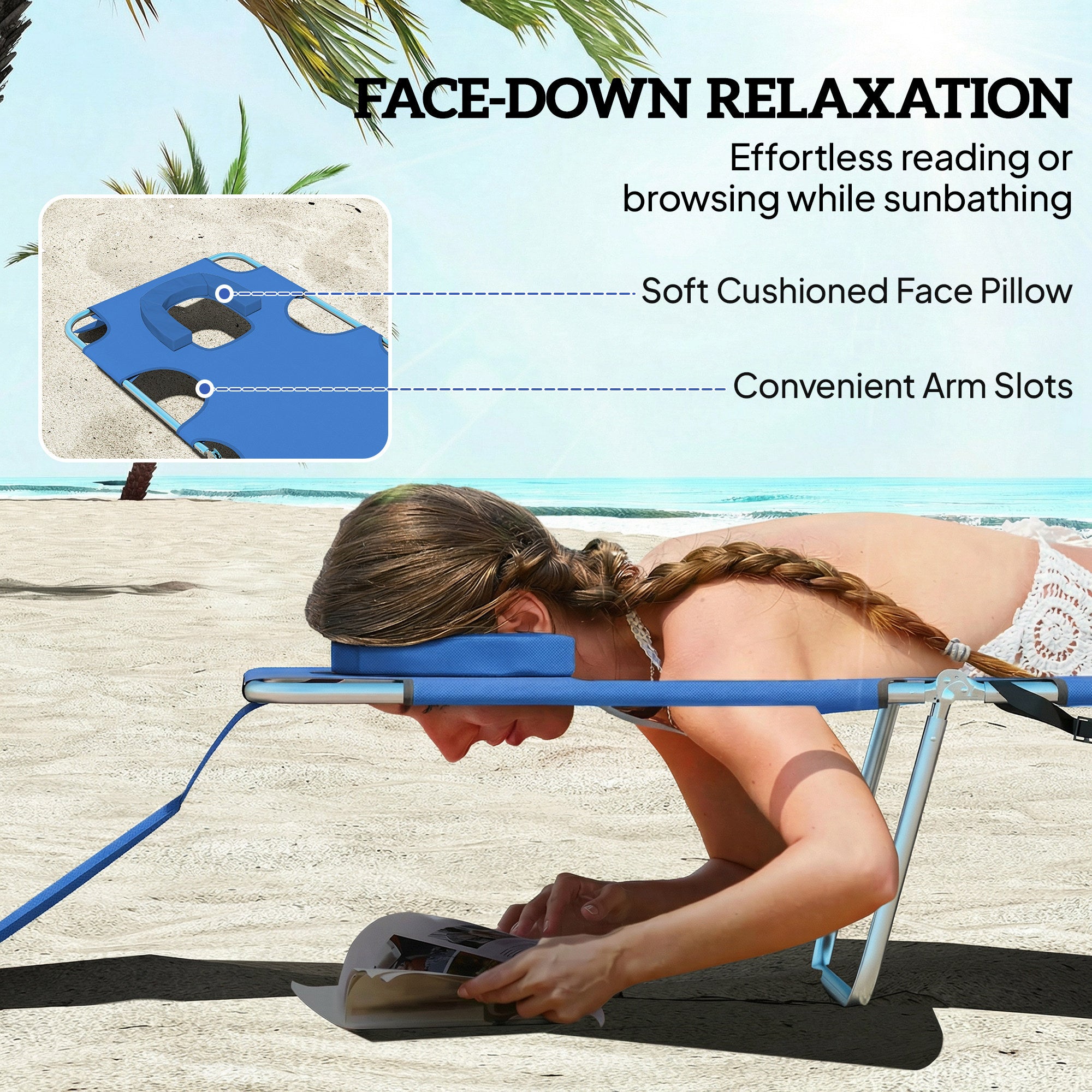 5-Position Adjustable Sun Loungers Set of 2 with Reading Hole and Side Pocket, Blue