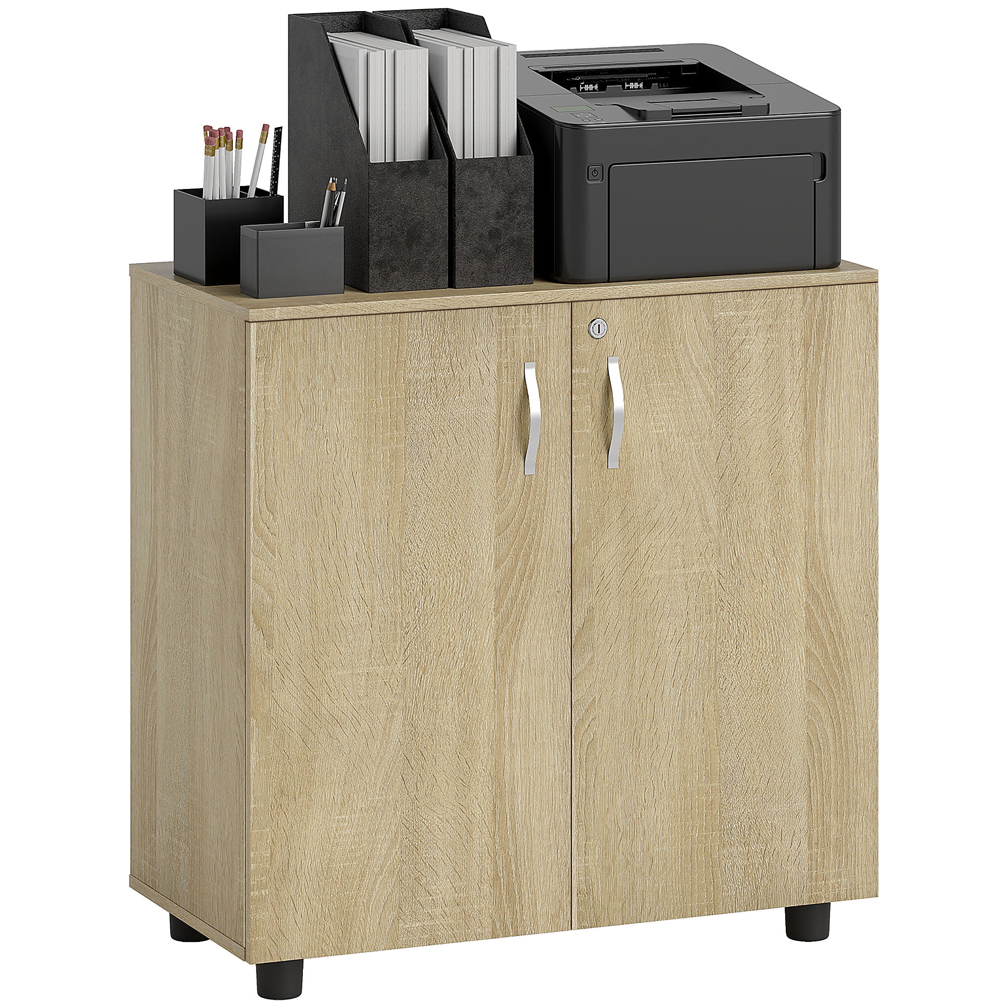 Two-Tier Locking Office Storage Cabinet with Keys - Oak
