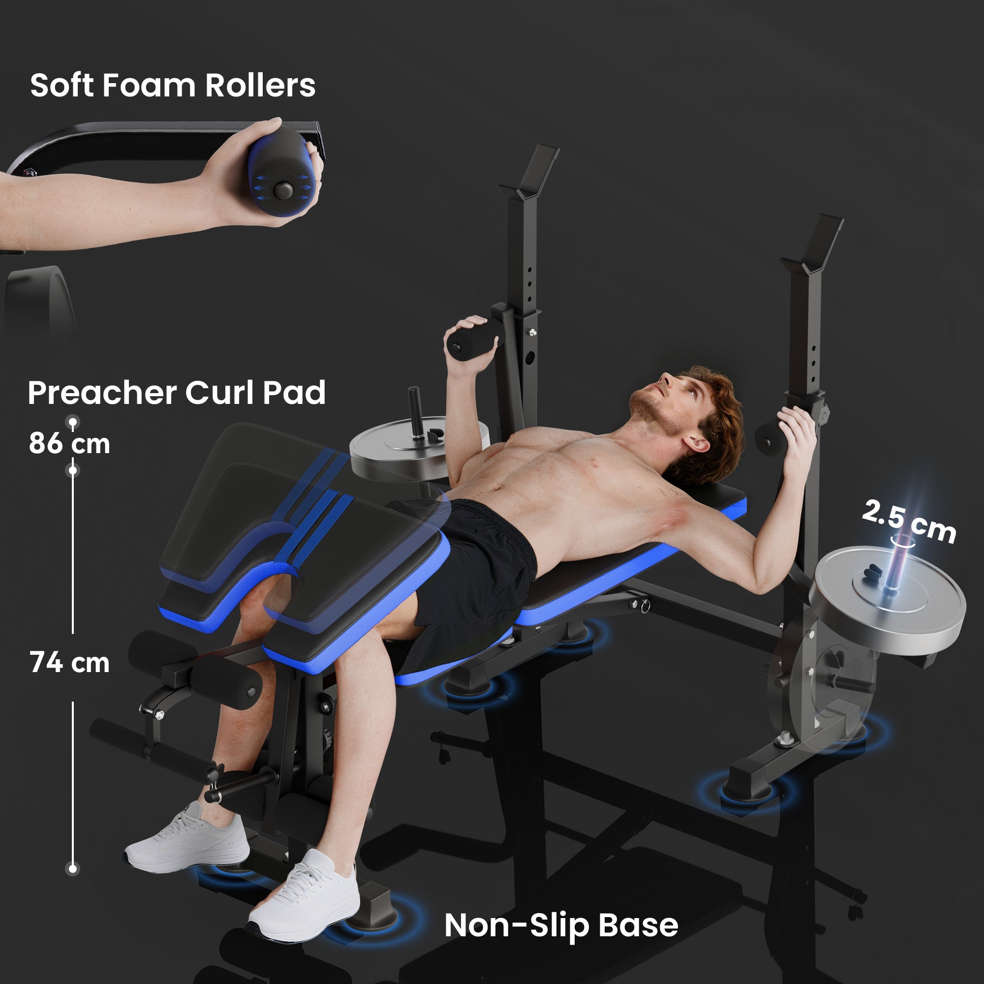 Adjustable Weight Bench with Leg Extension, Barbell Rack, Preacher Curl Pad, Butterfly, Multi-Function Home Gym Bench for Strength Training, Blue