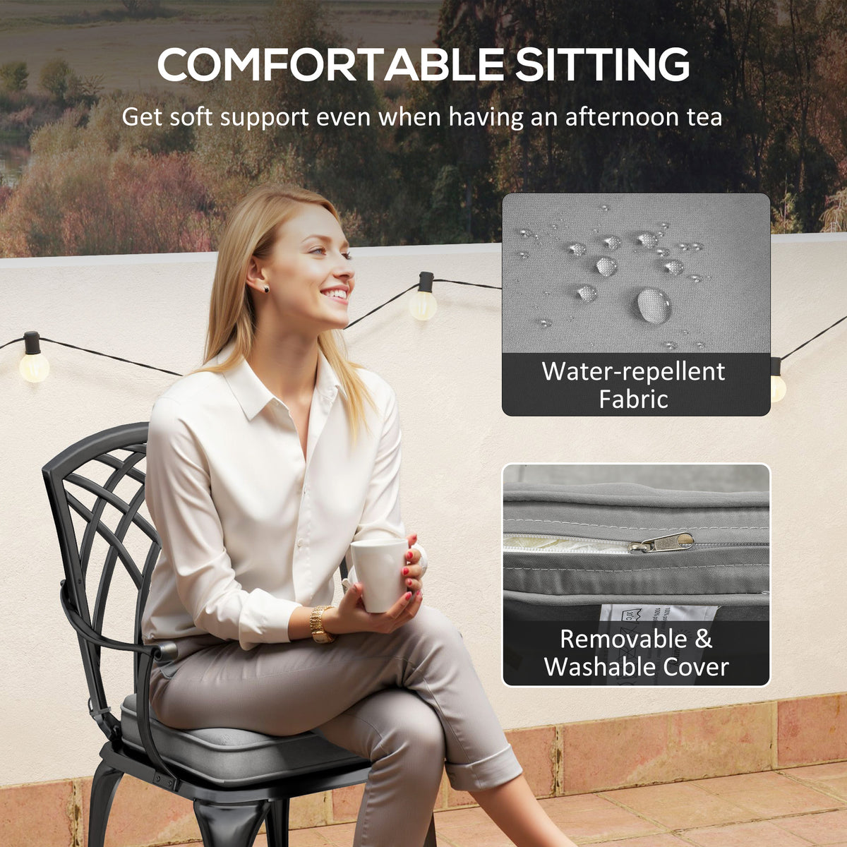Three-Piece Cast Aluminium Bistro Set with Cushions and Parasol Hole - Black