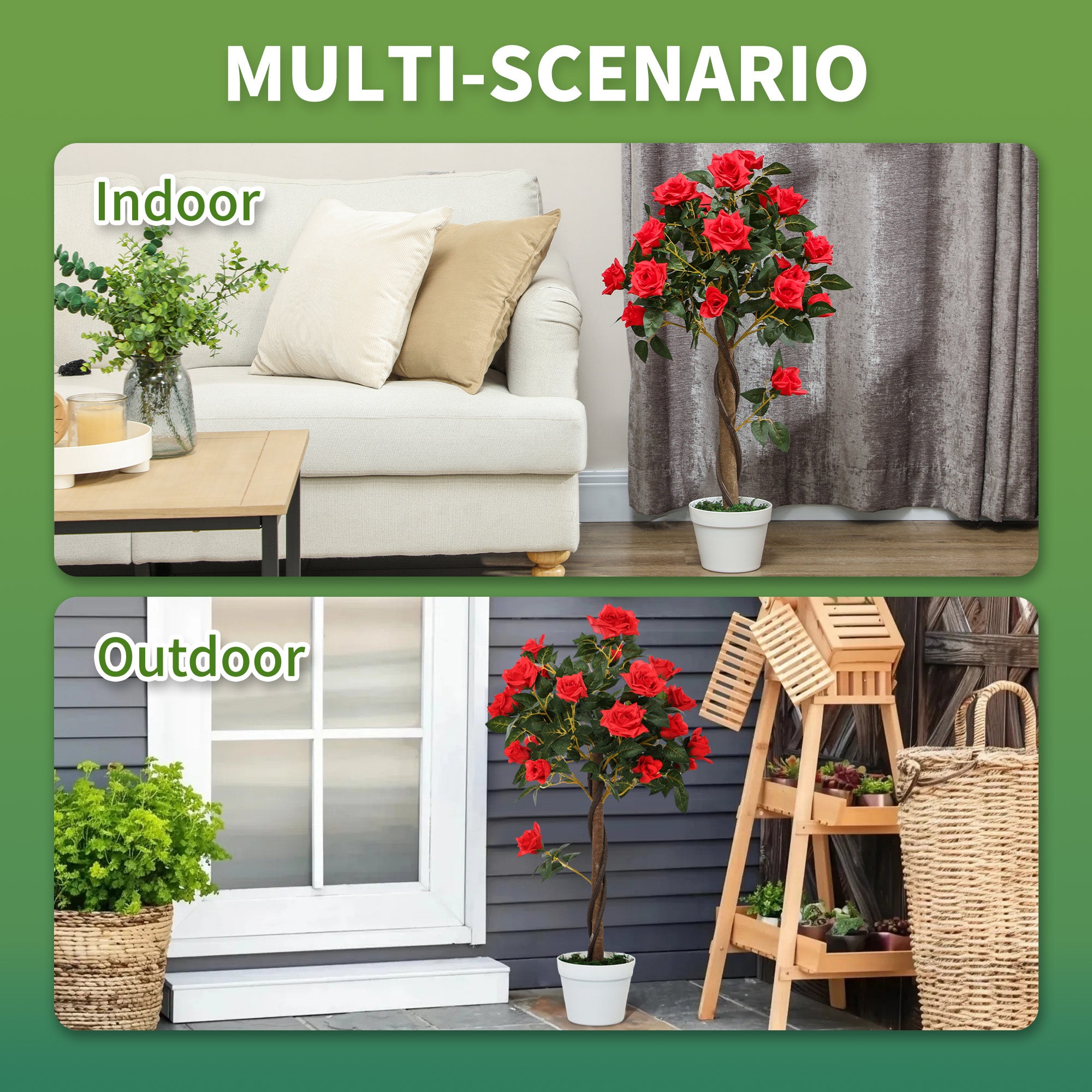 Set of 2 Artificial Plants White Rose Floral in Pot, Fake Plants for Home Indoor Outdoor Decor, 90cm, Red