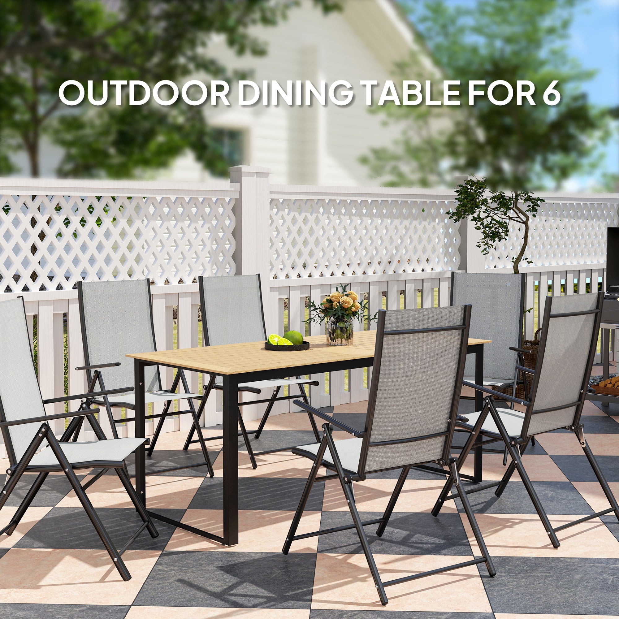6 Seater Teak Effect Outdoor Dining Table with Metal Frame