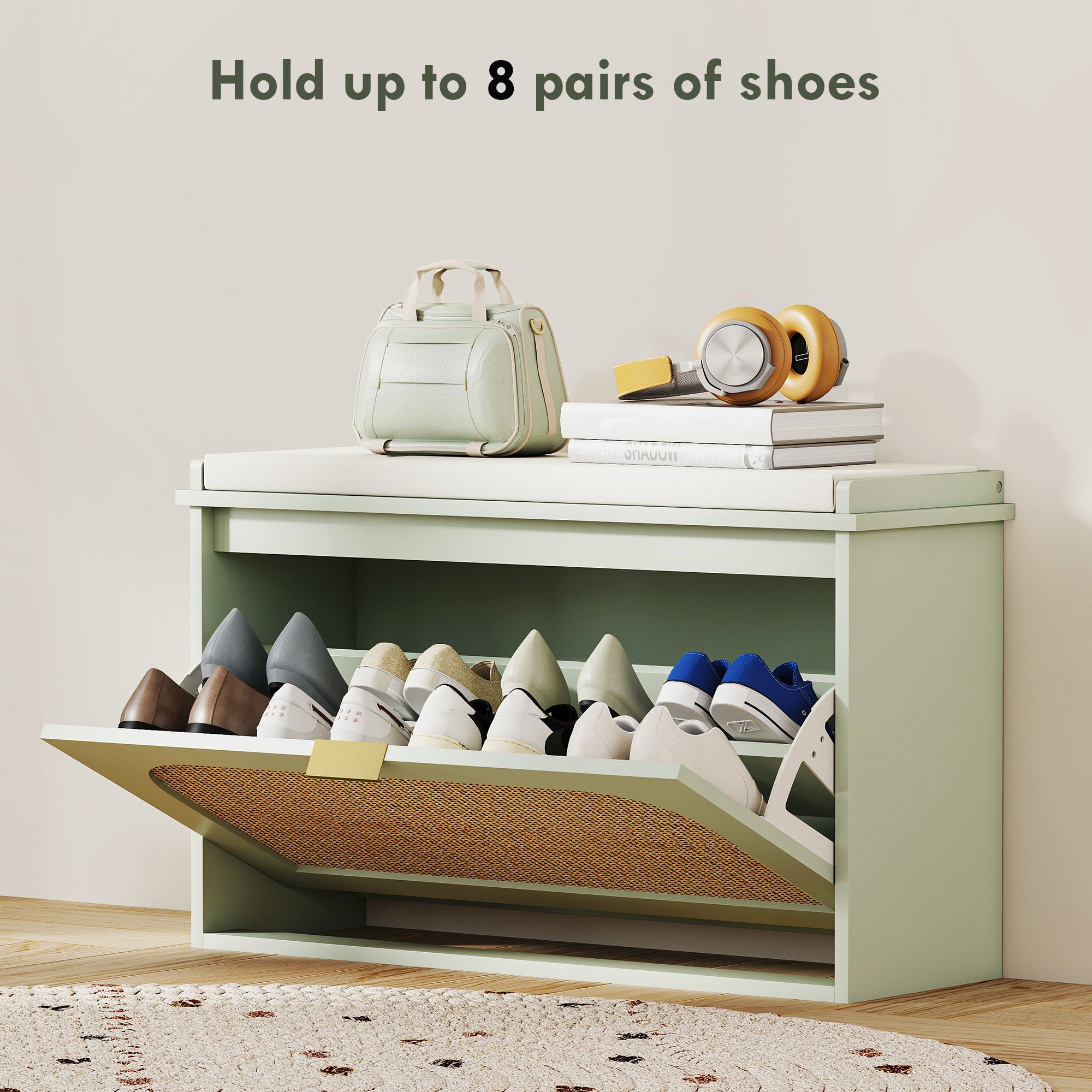 Boho Shoe Bench with Padded Seat and Flip-Drawer - Light Green