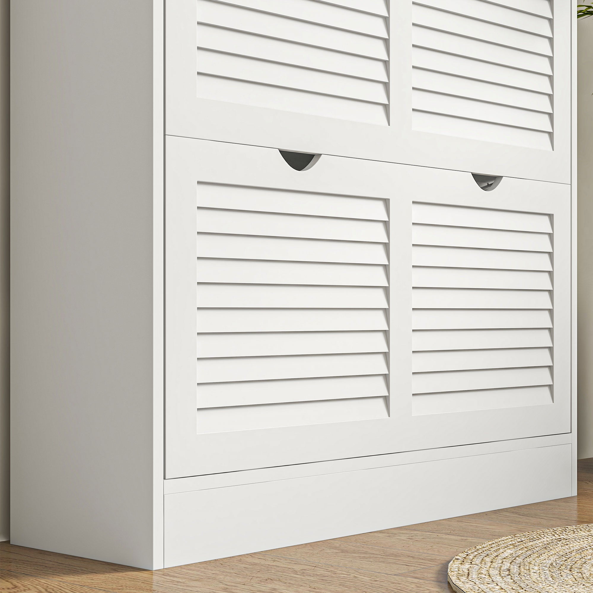 2-Drawer Narrow Entryway Shoe Cabinet with Flip Drawers, Louvered Doors & Adjustable Shelves for 16 Pairs - White