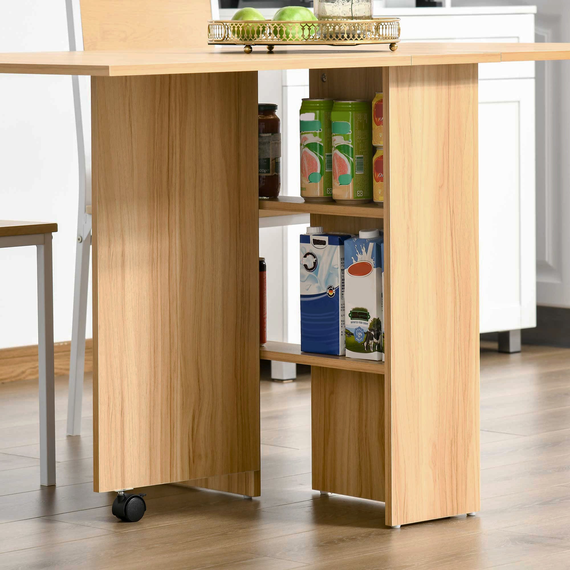 HOMCOM Folding Dining Table, Drop Leaf Table for Small Spaces, Foldable Rectangular Tabletop with Storage Shelves for Kitchen, Dining Room, Teak