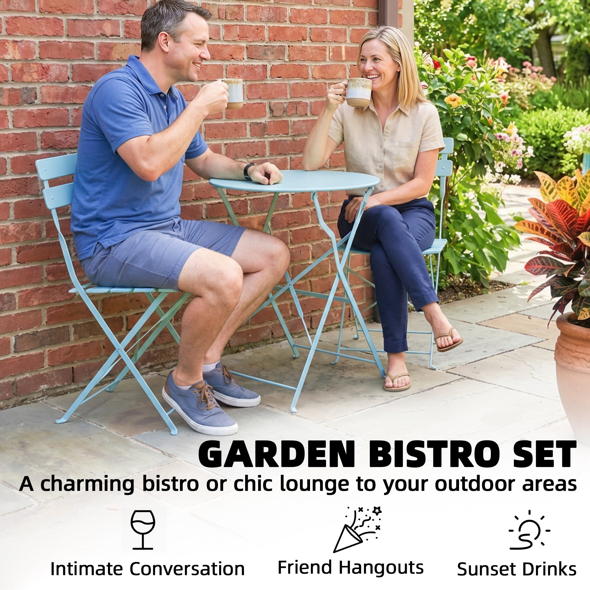 Folding Garden Bistro Set, Outdoor Round Bistro Table and Chairs Set 2 with Electrophoresis Metal Frame, Light Blue