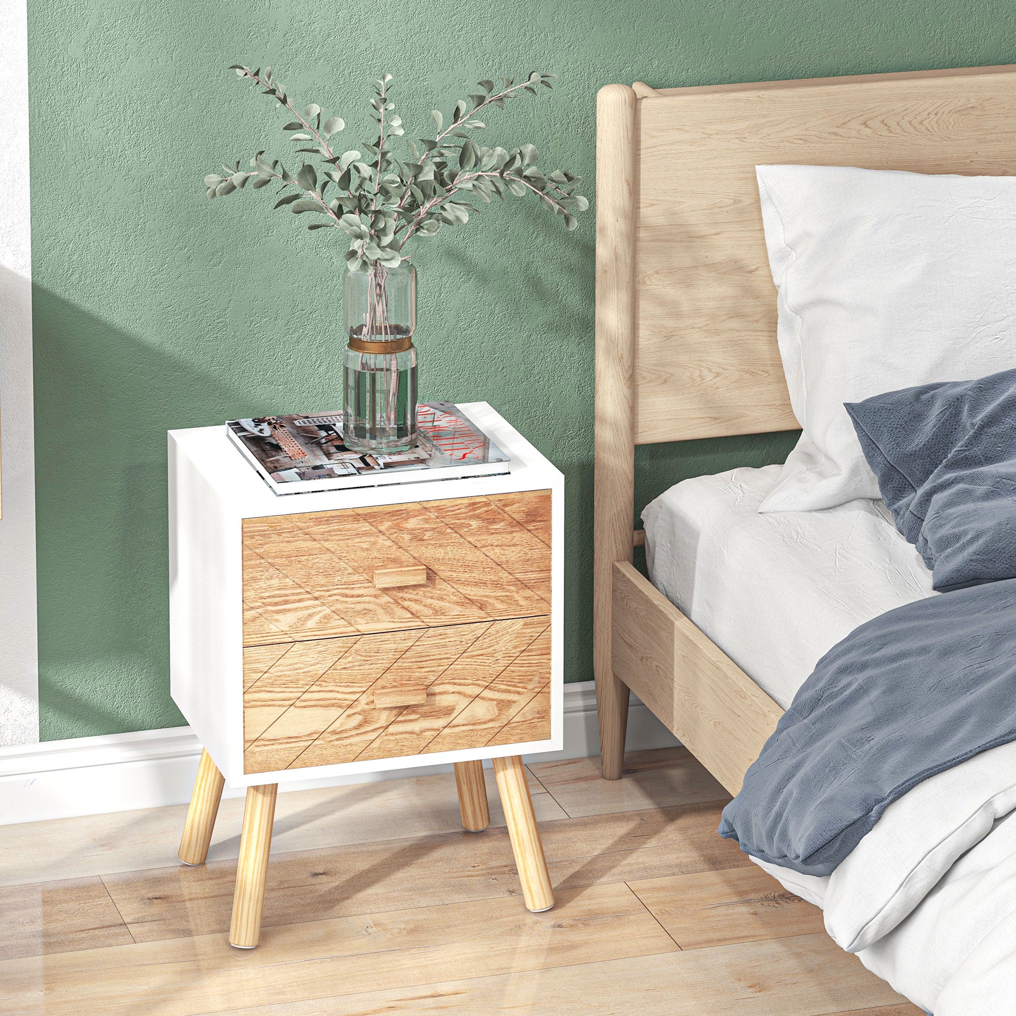 Bedside Table Set of 2, Modern Bedside Cabinets with Drawer and Pine Wood Legs, Nightstand for Bedroom, White and Natural