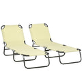 Set of Two Folding Metal Frame Sun Loungers with Adjustable Backrest - Beige