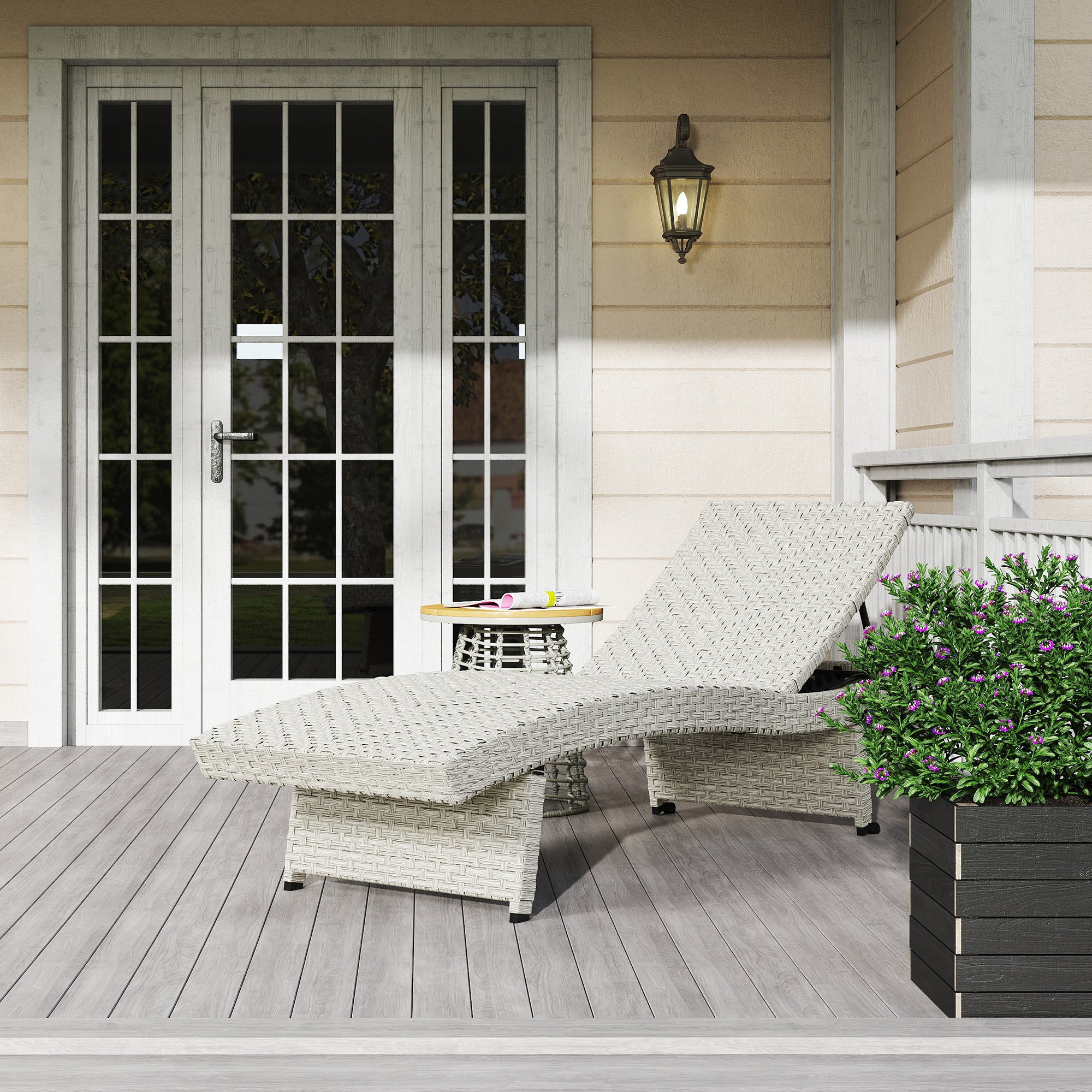 Outdoor PE Rattan Sun Lounger with Adjustable Backrest and Wheels Grey