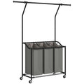 126L Rolling Laundry Sorter with 3 Bags & Hanging Rail, Mobile Wash Basket 88-149.5L x 40W x 167H cm - Dark Grey