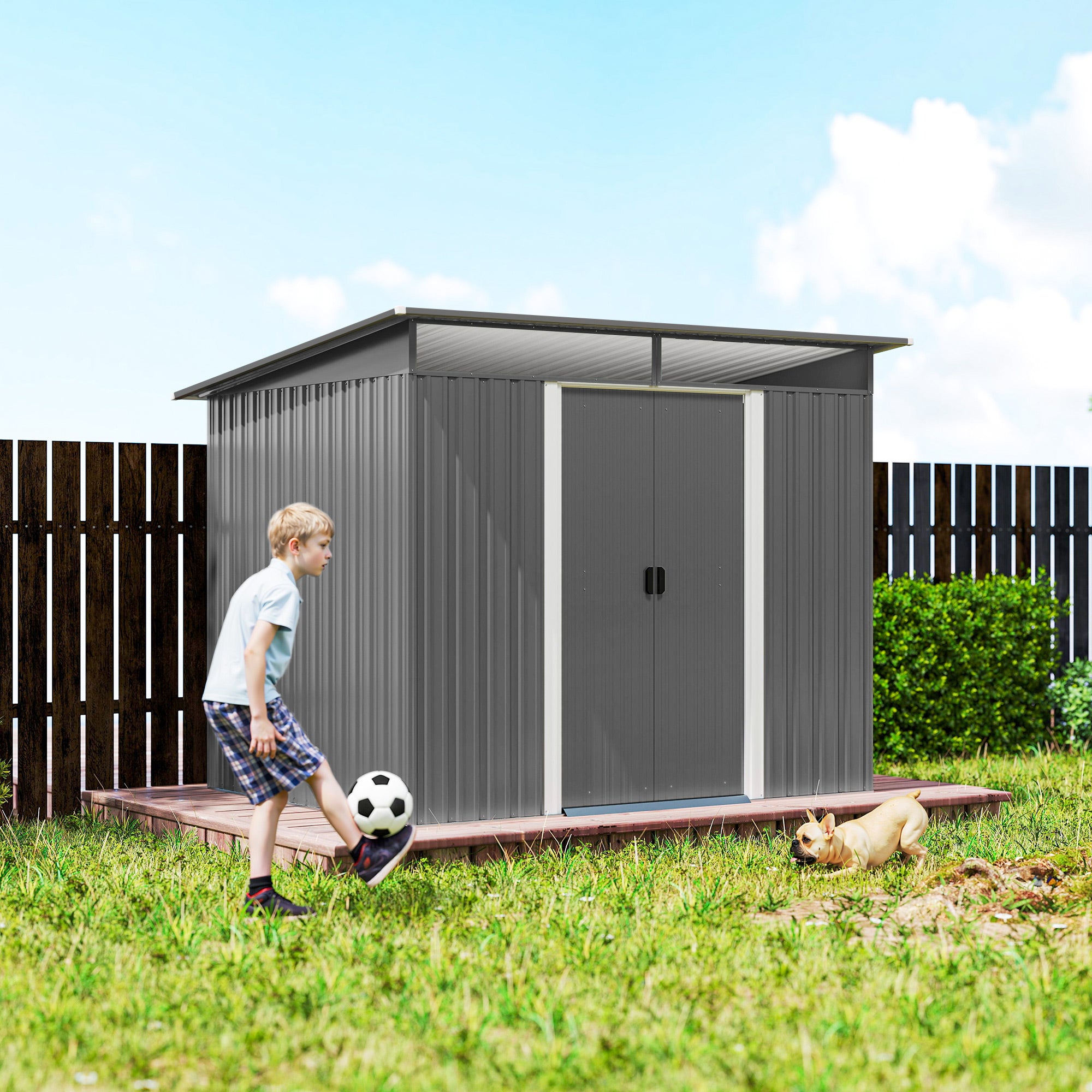 9ft x 6.5ft Garden Storage Shed with Top Window, Metal Outdoor Shed Tool House with Double Doors, Light Grey