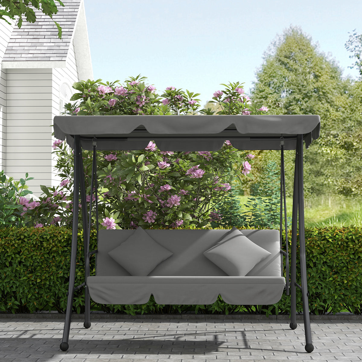 Outdoor 2-in-1 3-Seater Swing Chair Lounger with Convertible Bed and Canopy - Light Grey