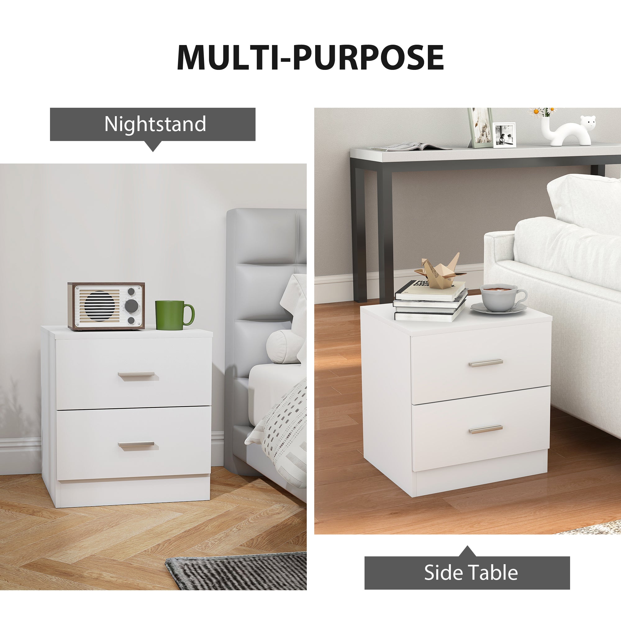 Set of 2 Modern Nightstands, Bedside Tables with 2 Storage Drawers, Accent End Table for Bedroom and Living Room, White