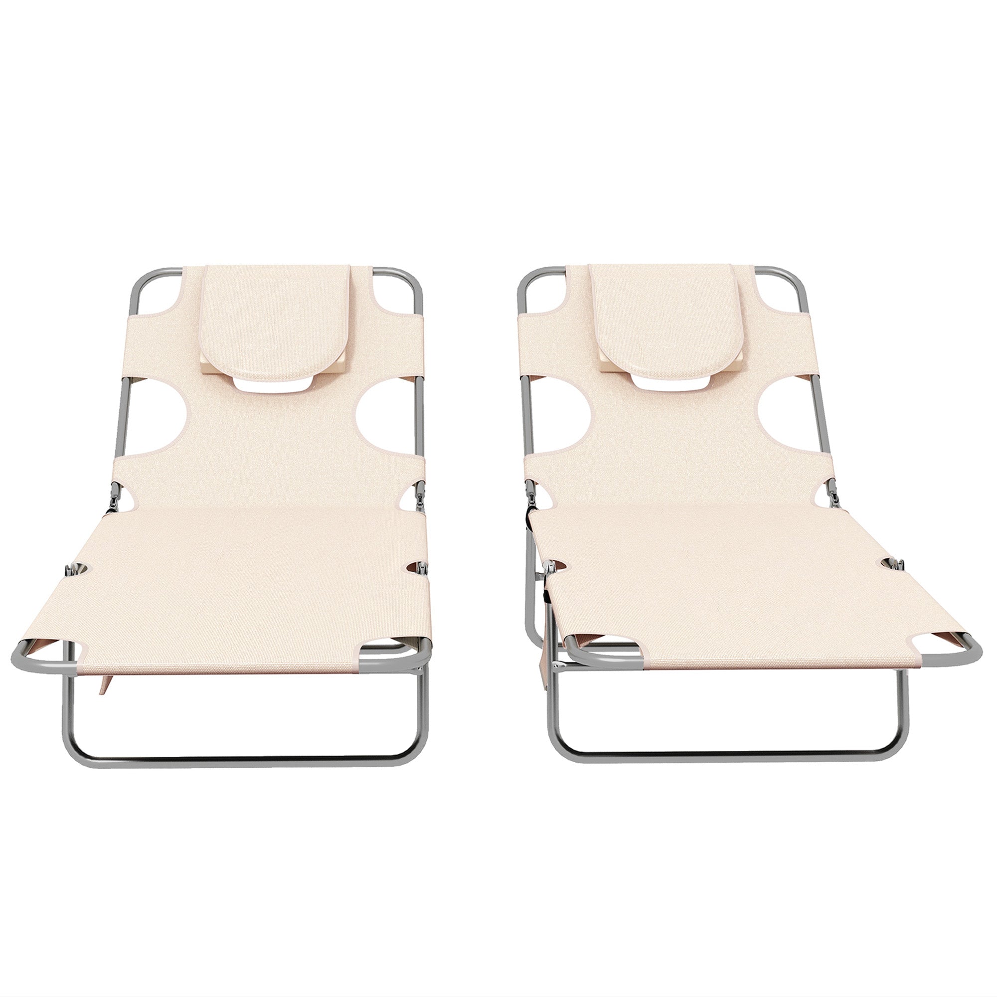 Foldable Sun Lounger Set of 2, Beach Chaise Lounges with Reading Hole, Arm Slots, 5-Position Adjustable Backrest, Side Pocket, Pillow for Patio, Garden, Beach, Pool, Beige