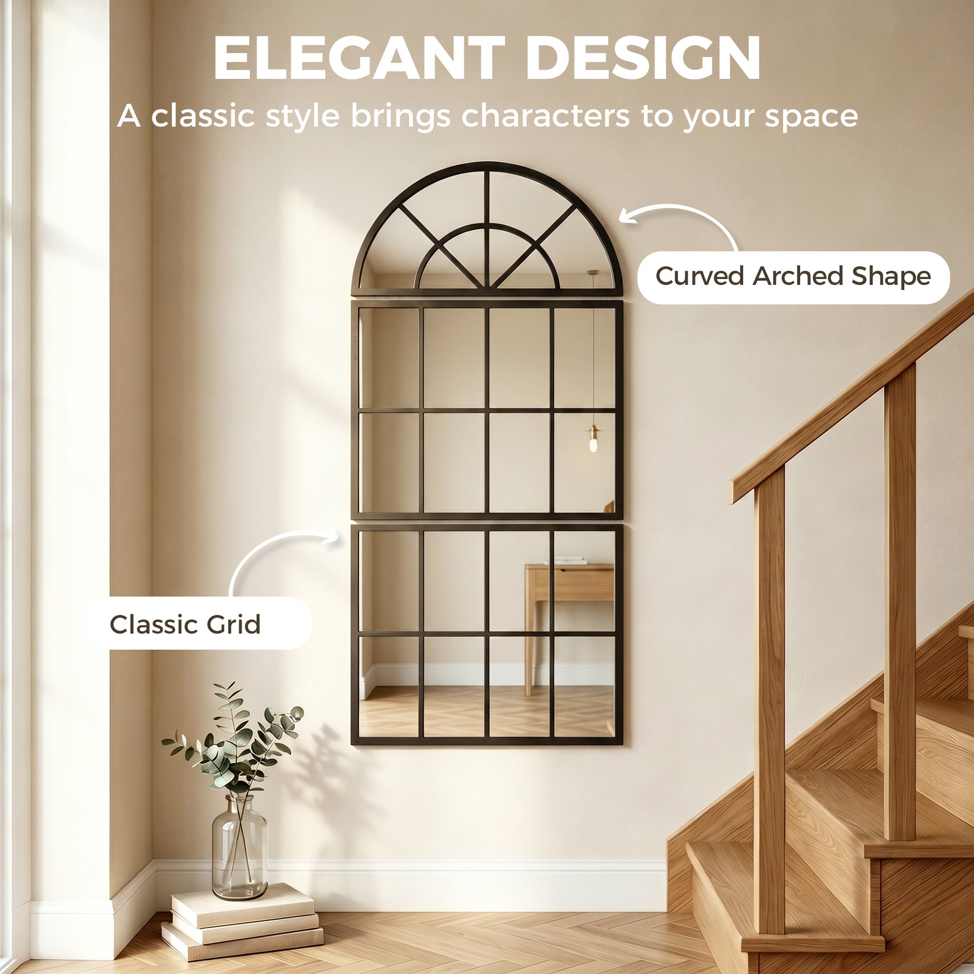 Large Arched Wall Mirror with Metal Grid, 3-Piece Split Window Mirrors, 120 x 54 cm, Black