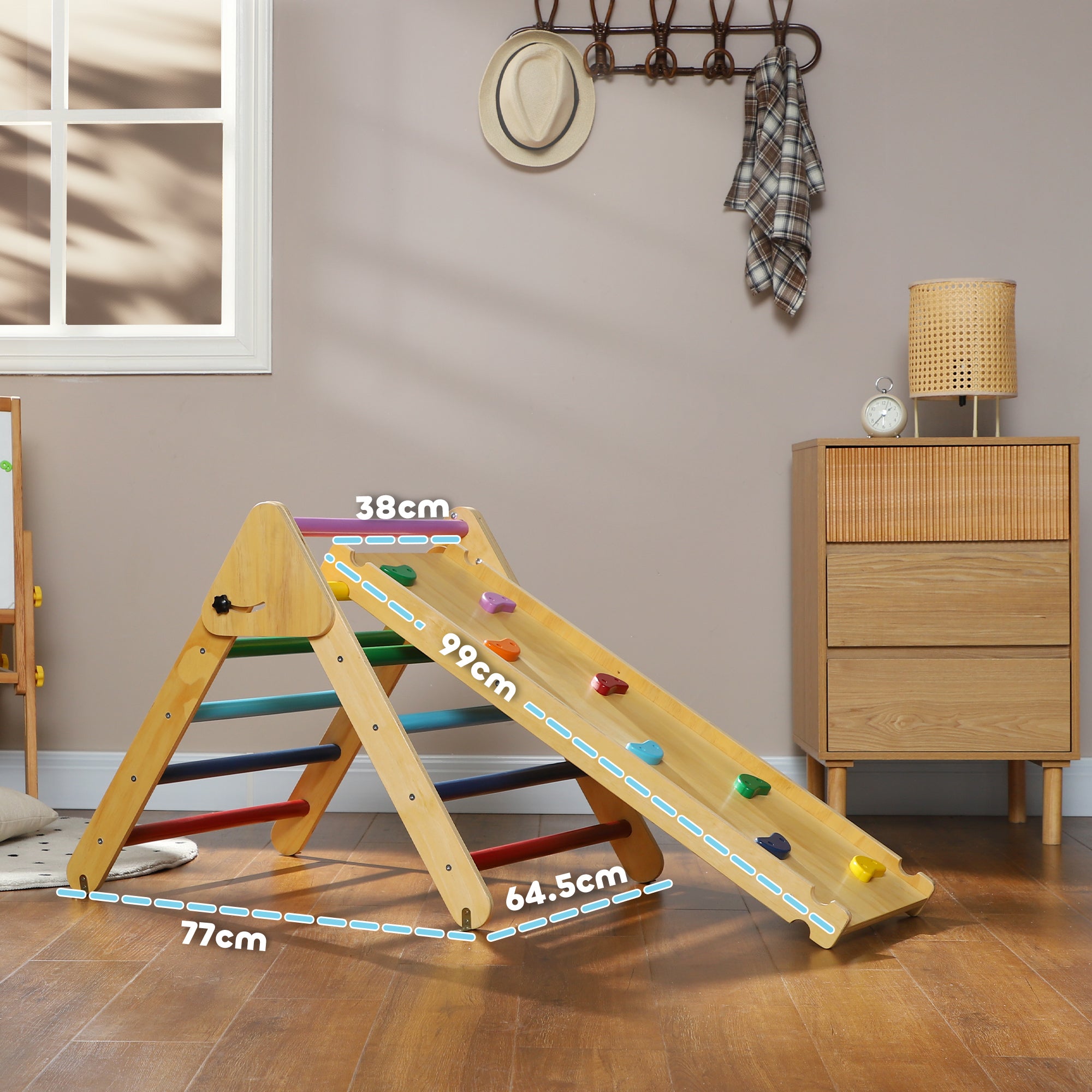 Toddler Climbing Frame for Kids, with Ramp, 3-in-1 Wooden Pikler Triangle Set for 18-48 Months, Multicolour