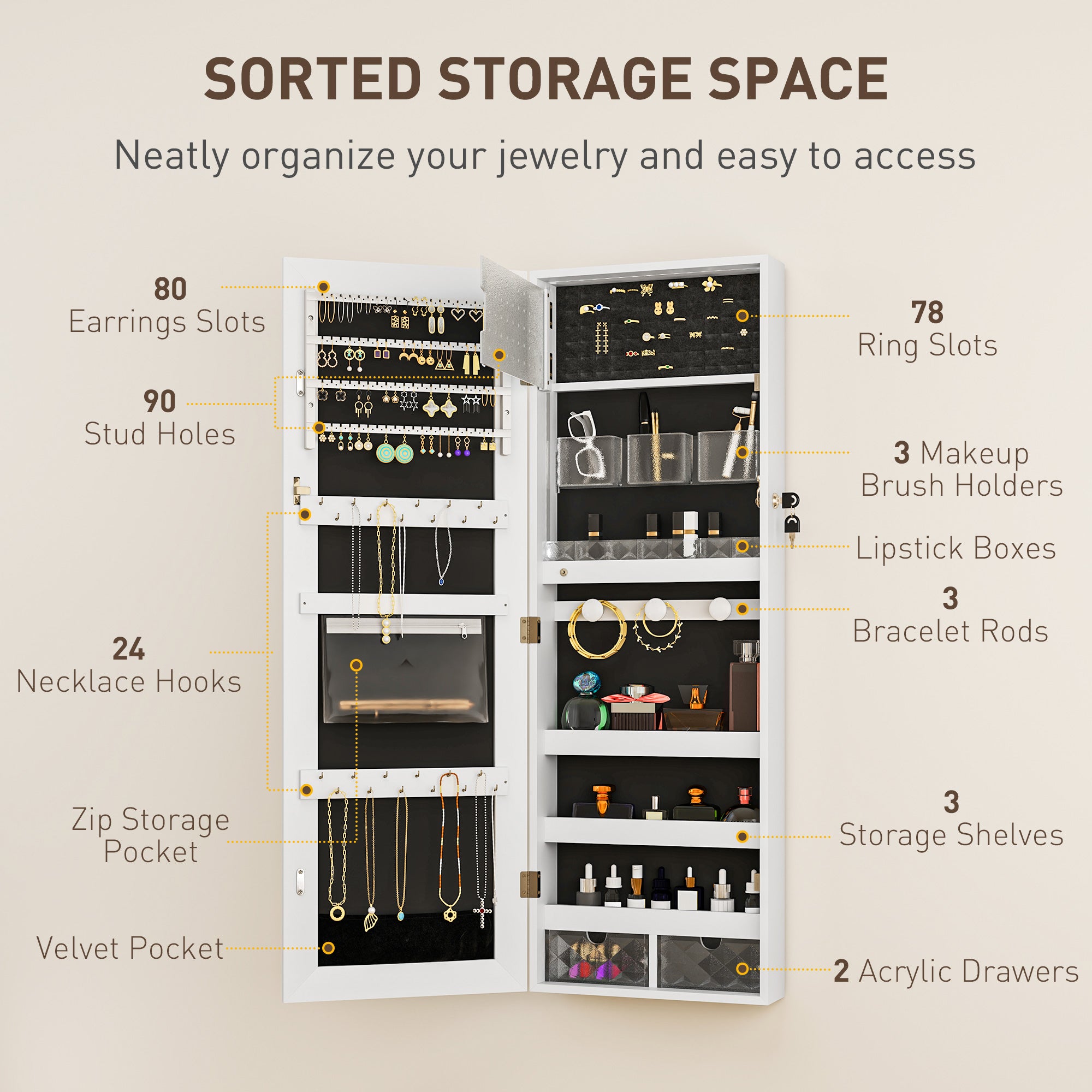 Lockable 108 x 37cm Jewellery Cabinet with LED Lights and Mirror - White/Black