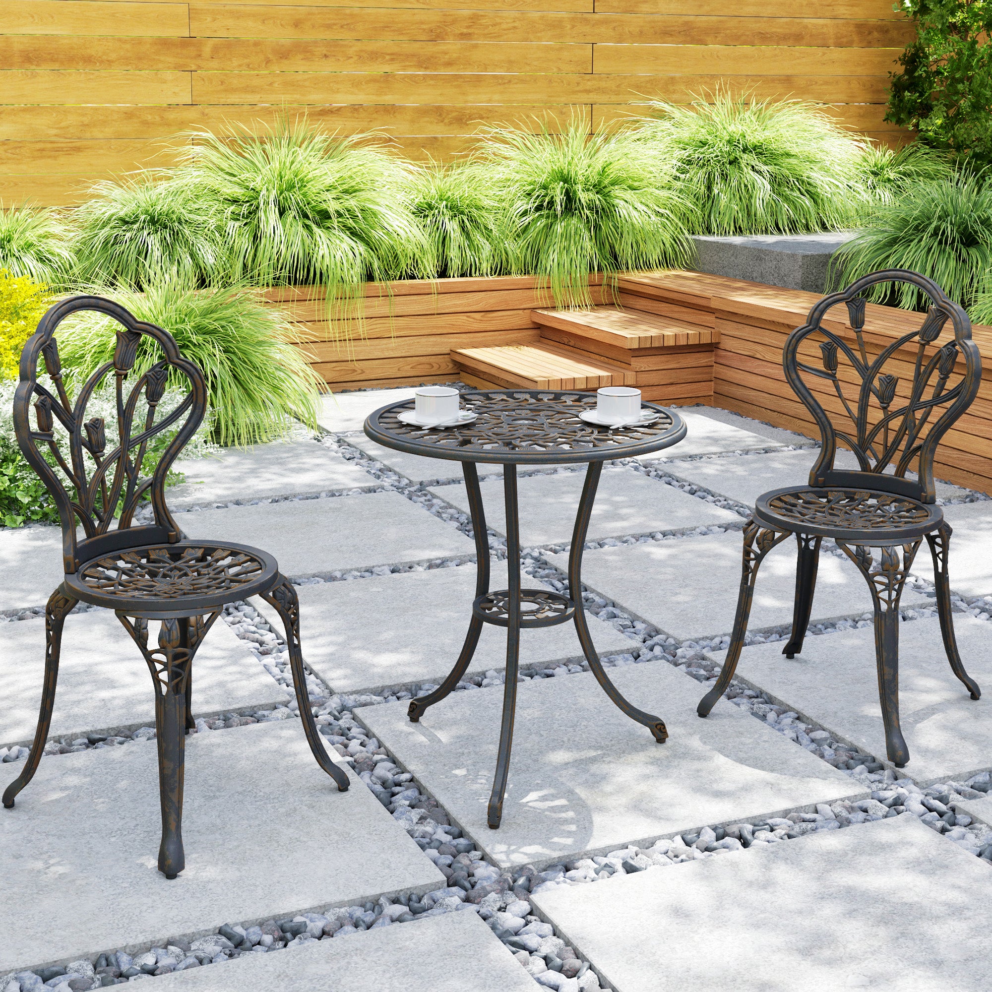 3 Piece Aluminium Patio Bistro Set with Umbrella Hole - Bronze Tone