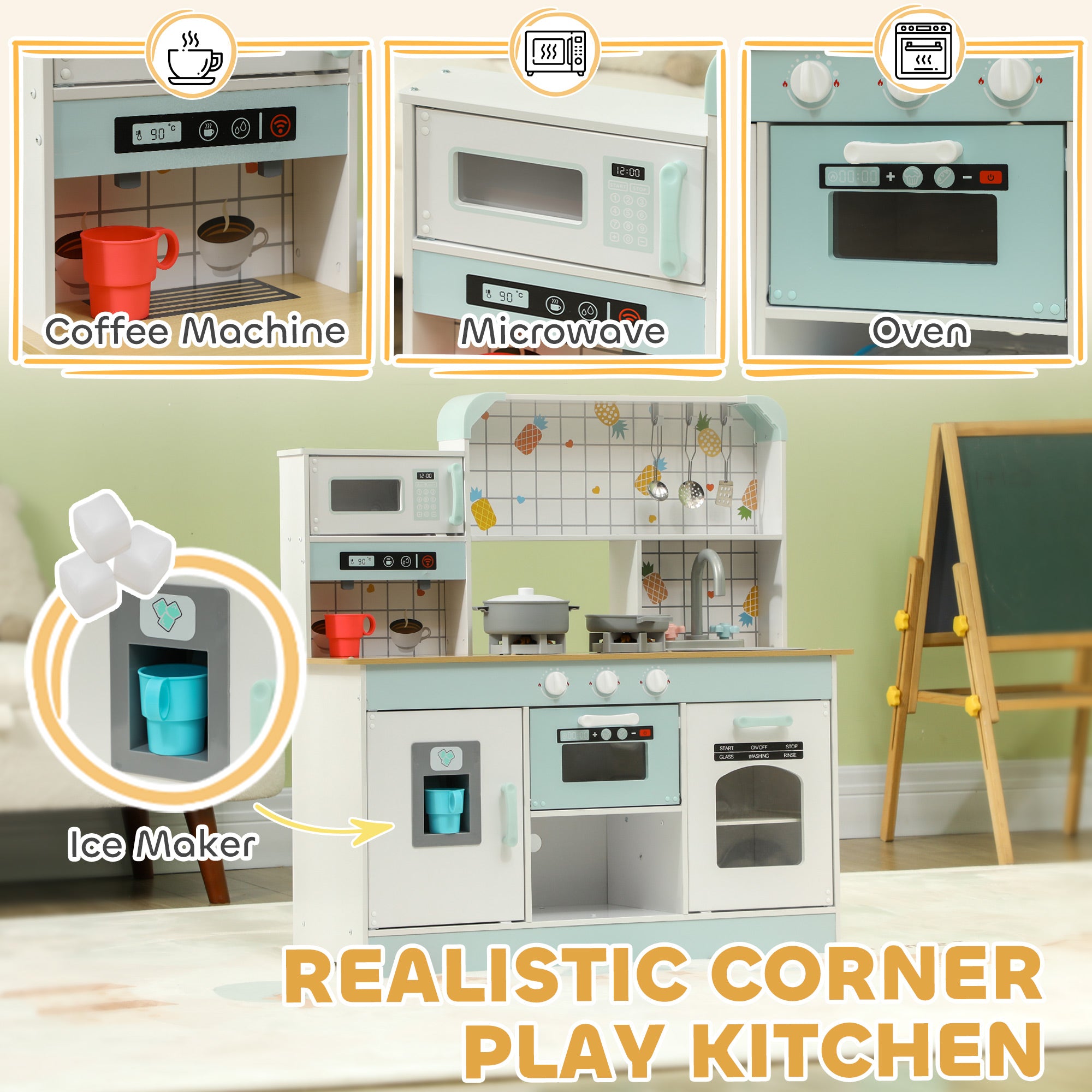 Toy Kitchen Playset with Hob, Sound & Light, Coffee Machine, Ice Maker, Microwave - White & Blue