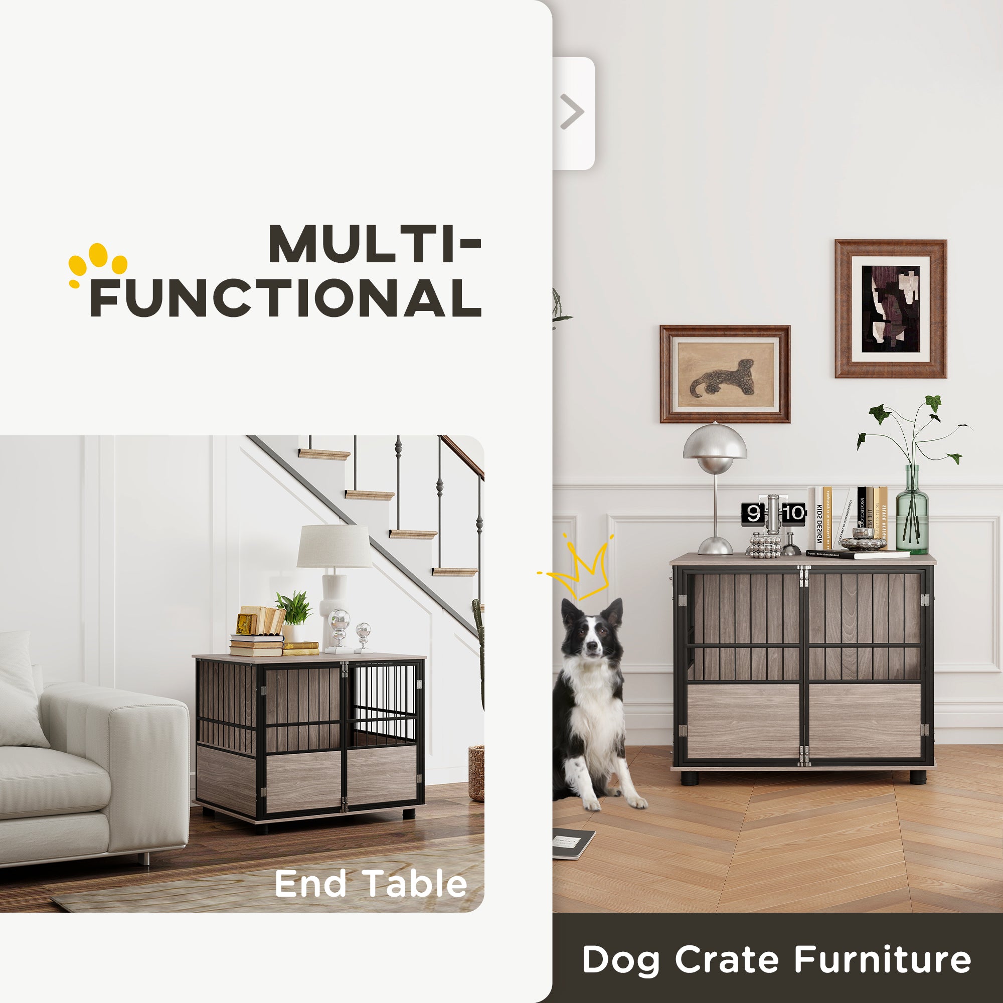 80cm Furniture Style Dog Crate with 3 Doors and Washable Cushion for Medium Dogs - Walnut Wood Finish