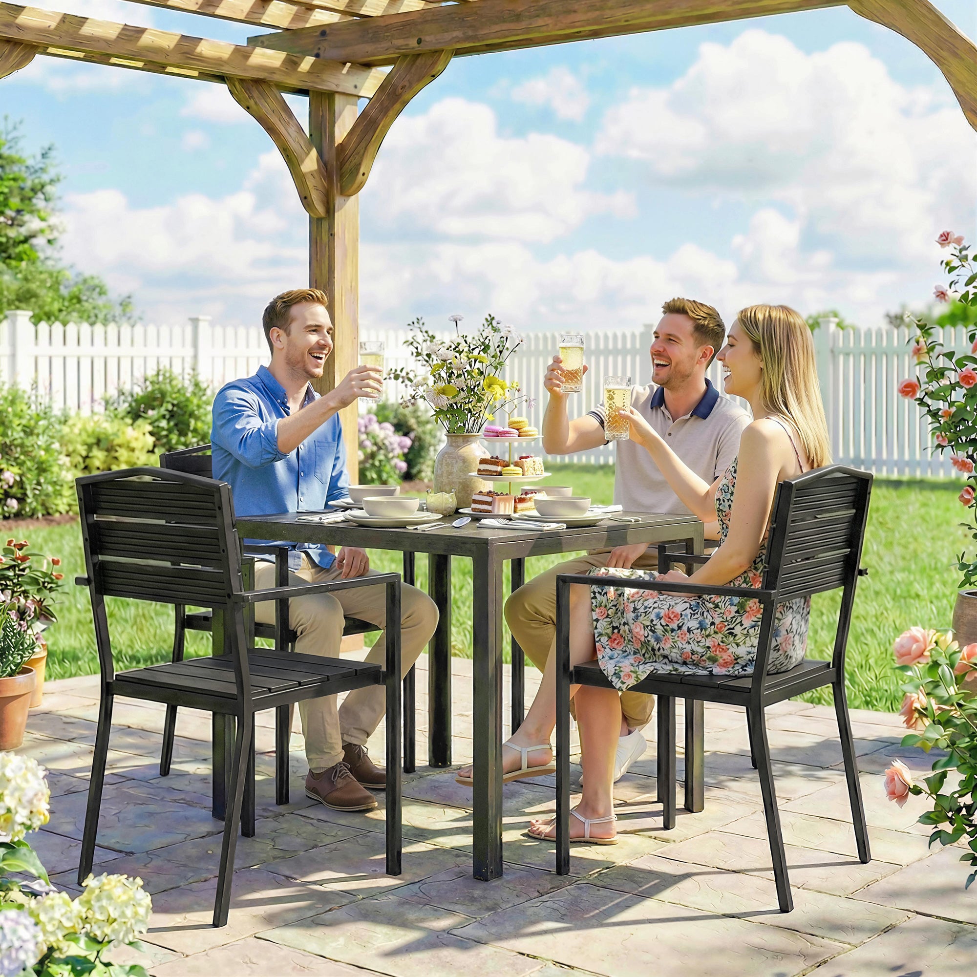 Stackable Garden Chairs Set of 4, Garden Dining Chairs with Slatted HDPE Seat Back, Armrests, Metal Frame, Black