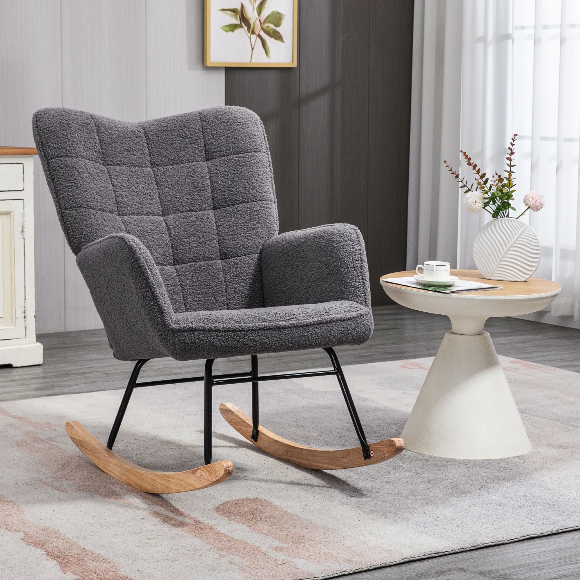 Living Room Furniture Set, Wingback Rocking Chair and Two Nesting Coffee Tables, White and Dark Grey