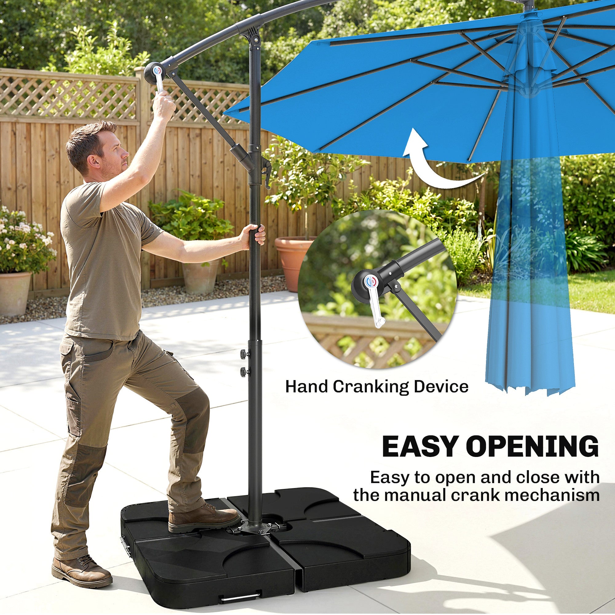 3m Overhanging Parasol, with Base, Weights and Cover - Blue