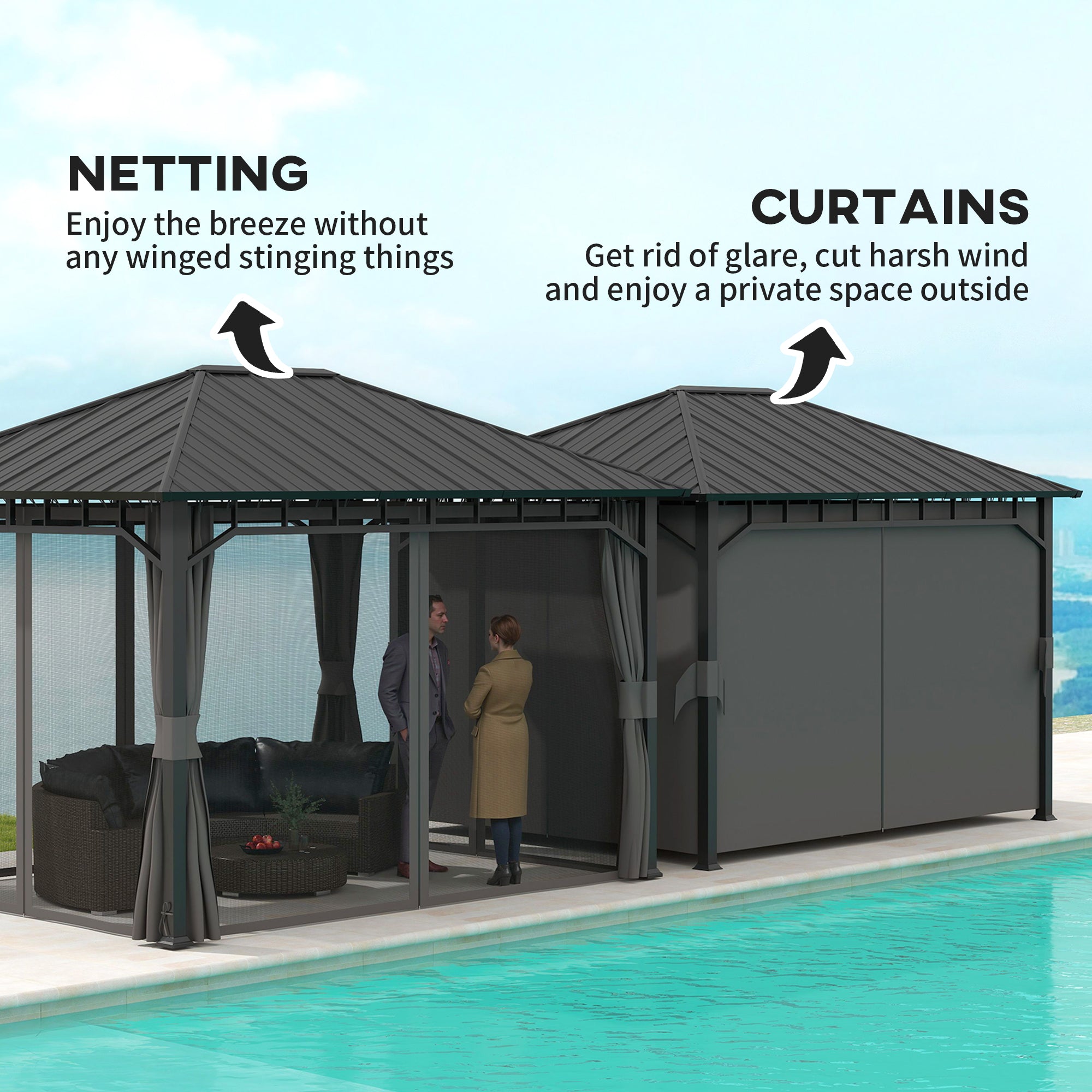 3 x 4m Hardtop Garden Gazebo with Galvanised Steel Roof, Water Gutter, Netting & Curtains - Dark Grey